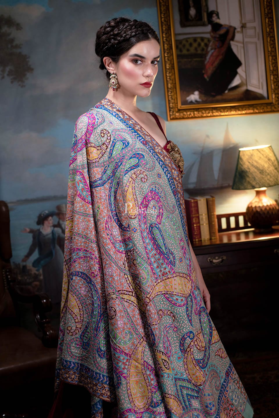Pashtush Womens Pashmina, Hand Embroidered Hand Painted Kalamkari Shawl, Multicolour - Image 7