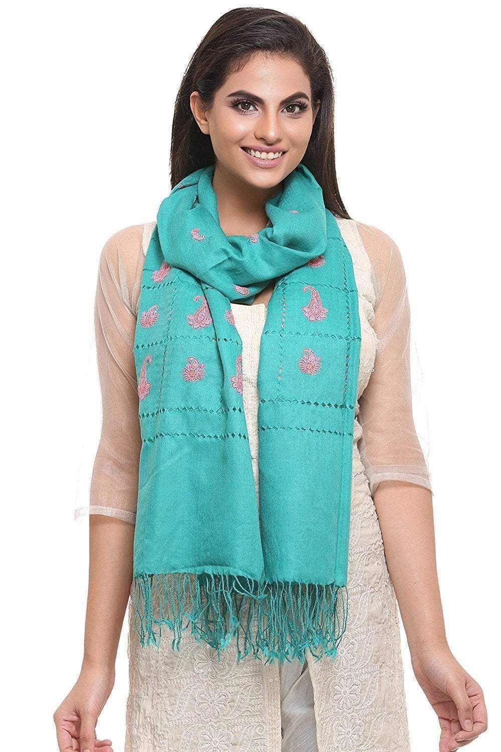 Pashtush Womens Fine Wool Handfeel Embroidery Stole With Delicate Beading Work