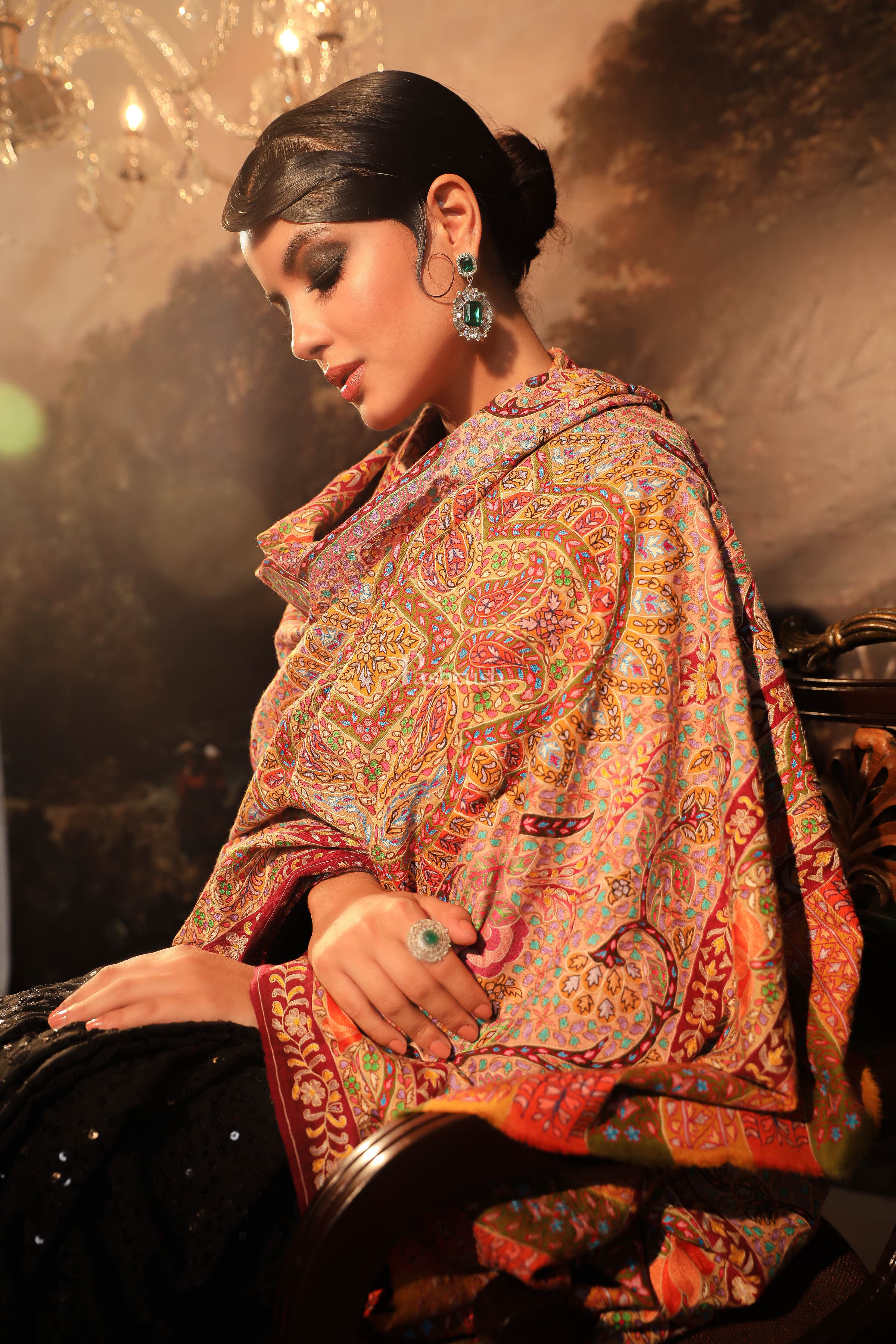 Pashtush Womens Pashmina Handmade Kalamkari Shawl, Multicoloured