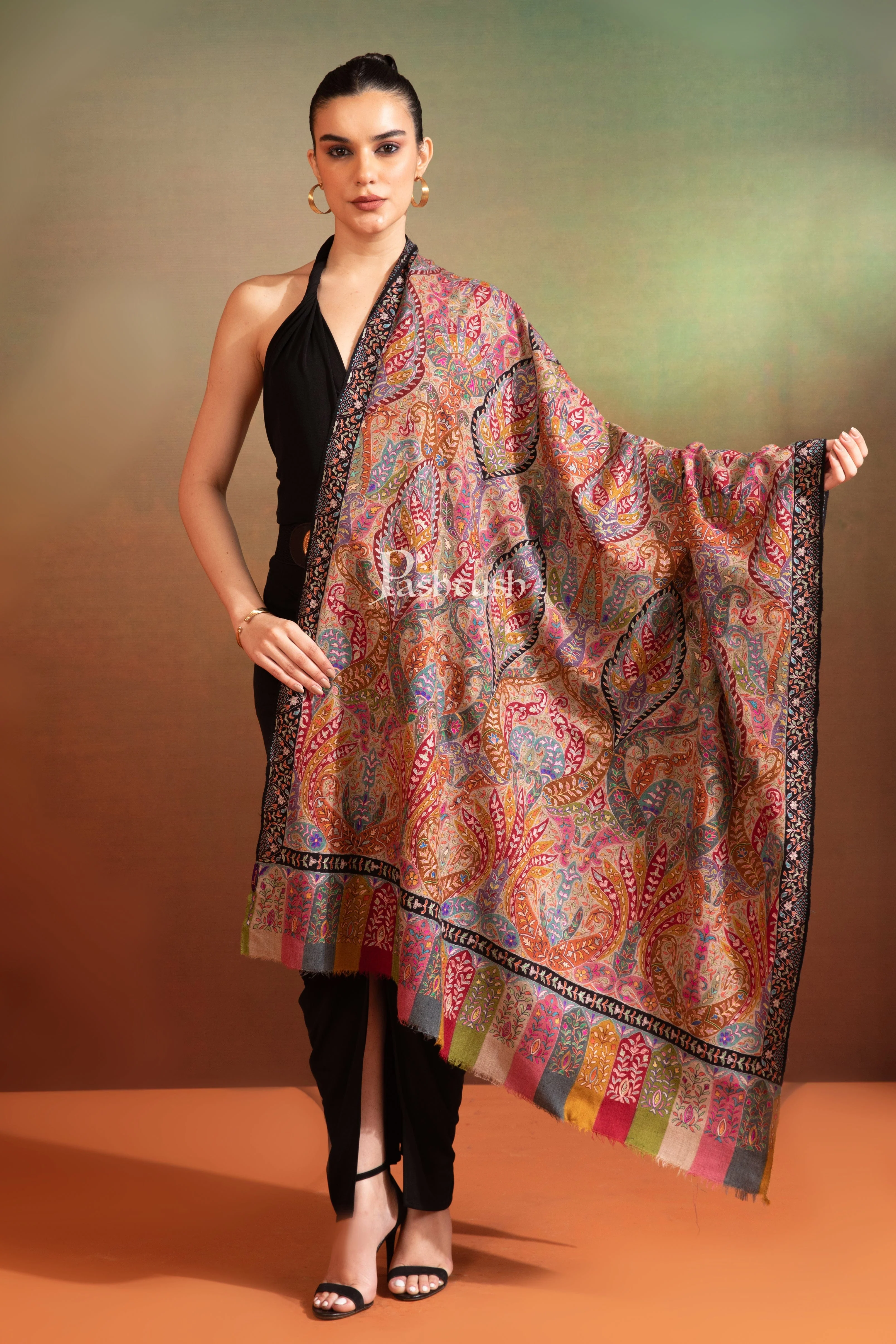 Pashtush Womens Pashmina Kalamkari Shawl, Hand Painted And Embroidered Kalamkari, Hand Woven