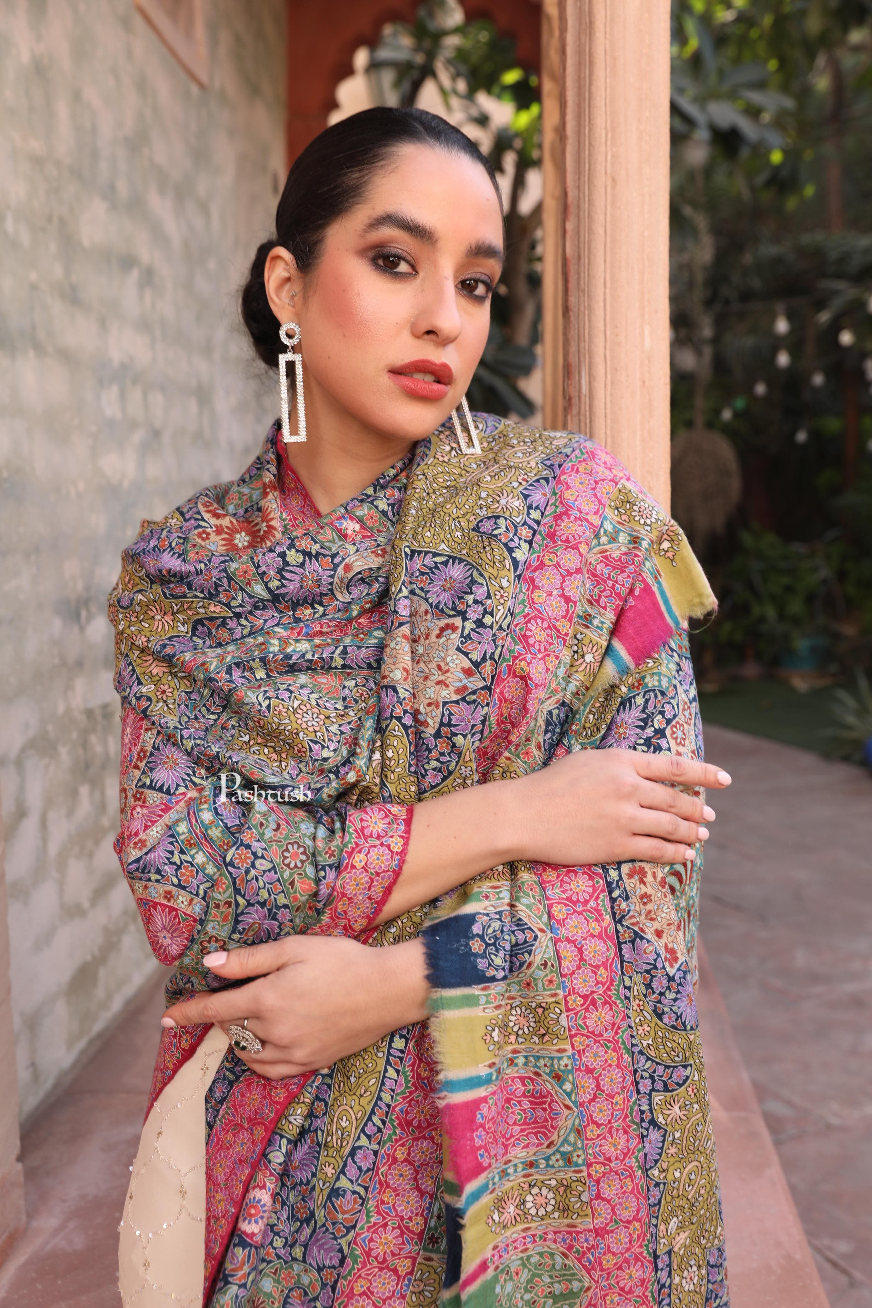 Pashtush Womens Pashmina Kalamkari Shawl, Hand Painted And Embroidered Kalamkari, Hand Woven - Image 3
