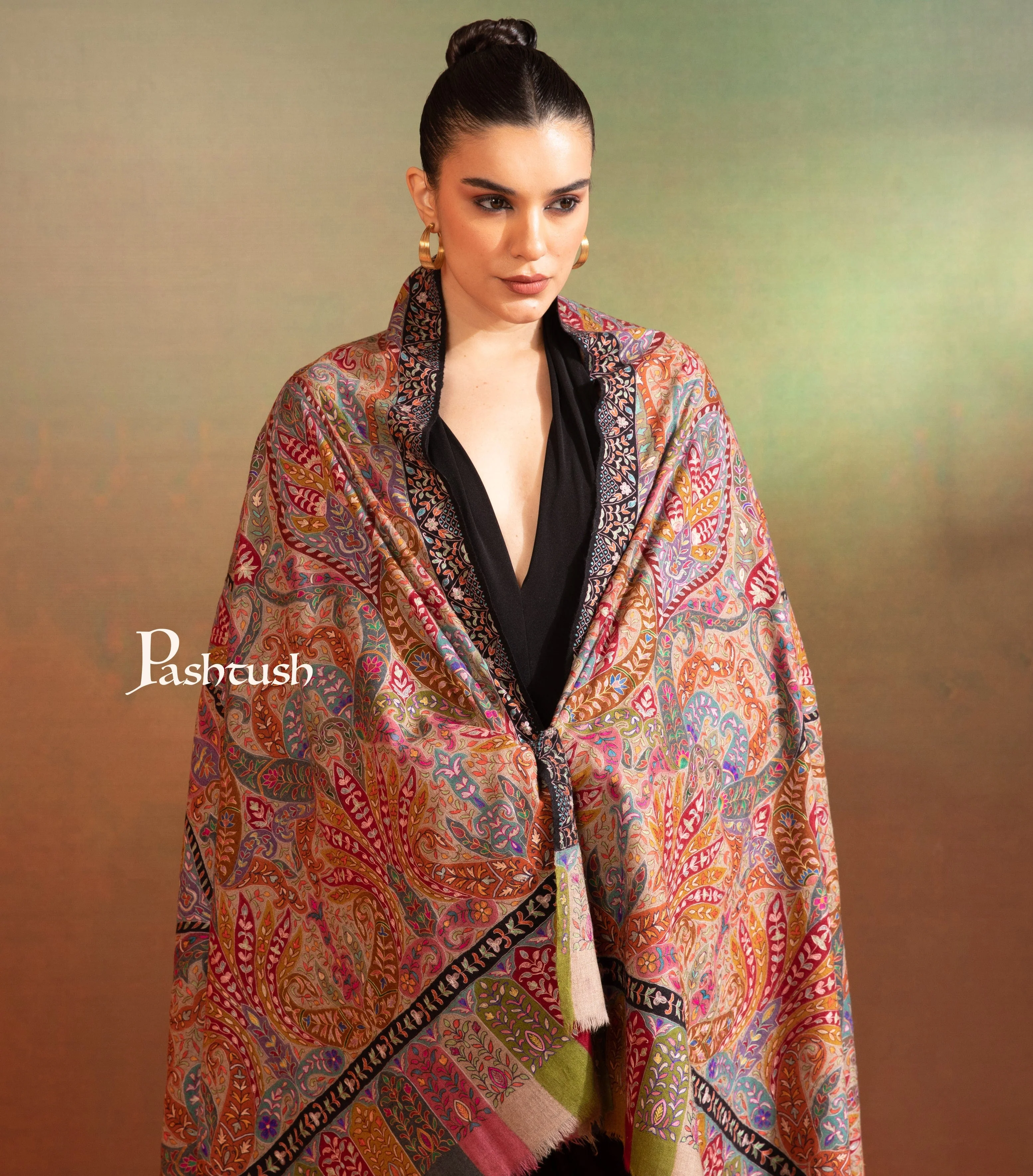 Pashtush Womens Pashmina Kalamkari Shawl, Hand Painted And Embroidered Kalamkari, Hand Woven - Image 4