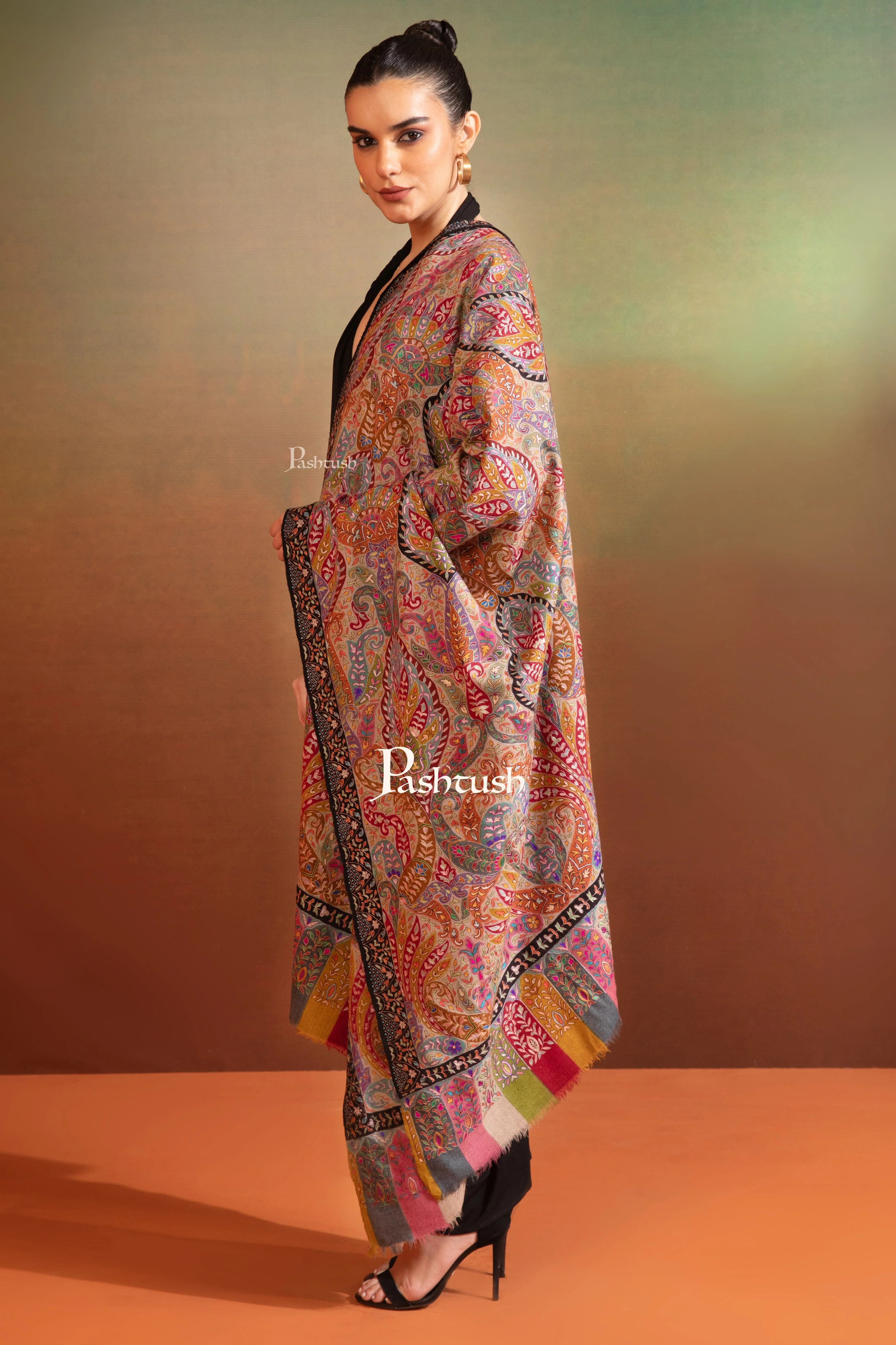 Pashtush Womens Pashmina Kalamkari Shawl, Hand Painted And Embroidered Kalamkari, Hand Woven - Image 7