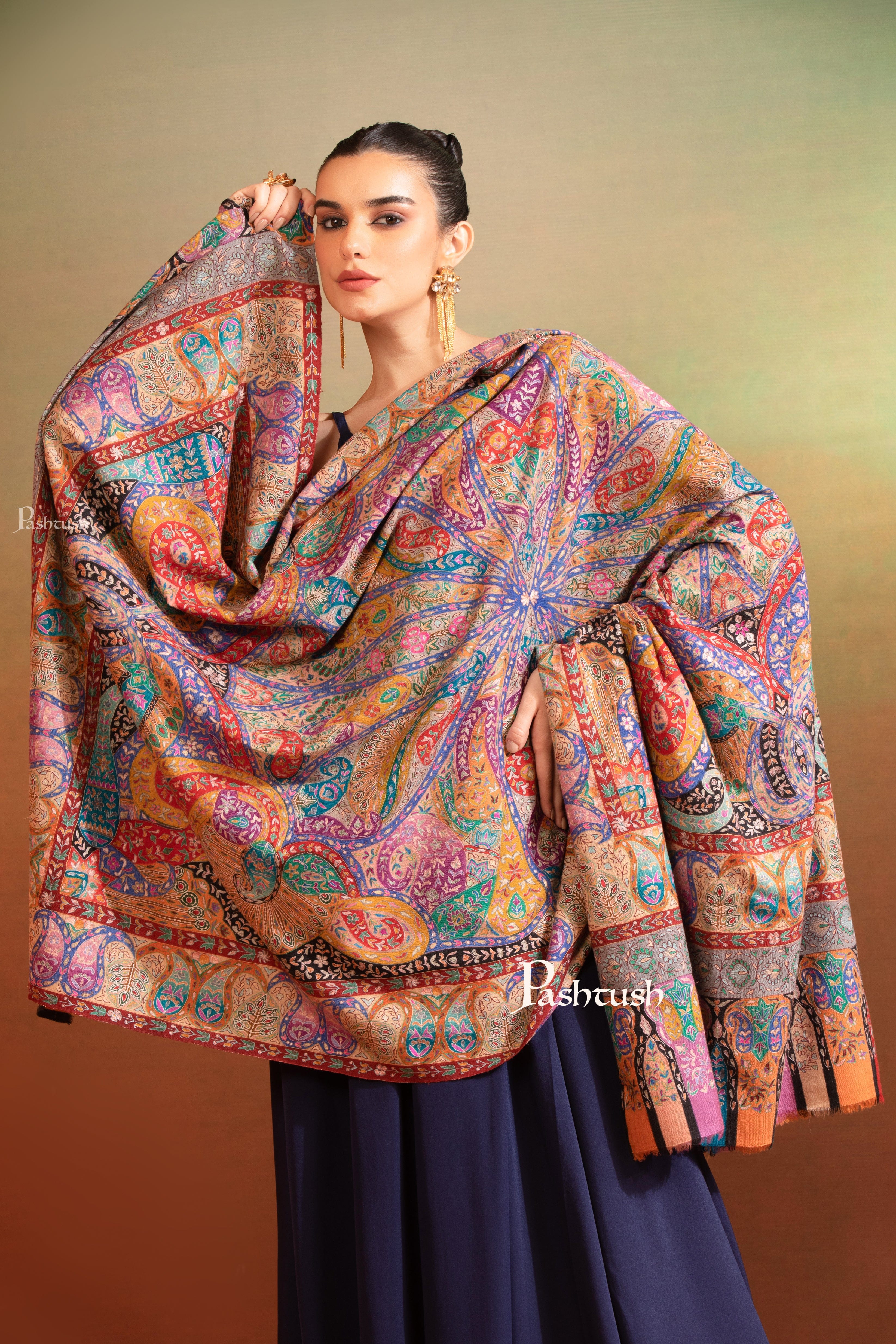 Pashtush Womens Pashmina Kalamkari Shawl, Hand Painted And Embroidered Kalamkari, Handloom - Image 7