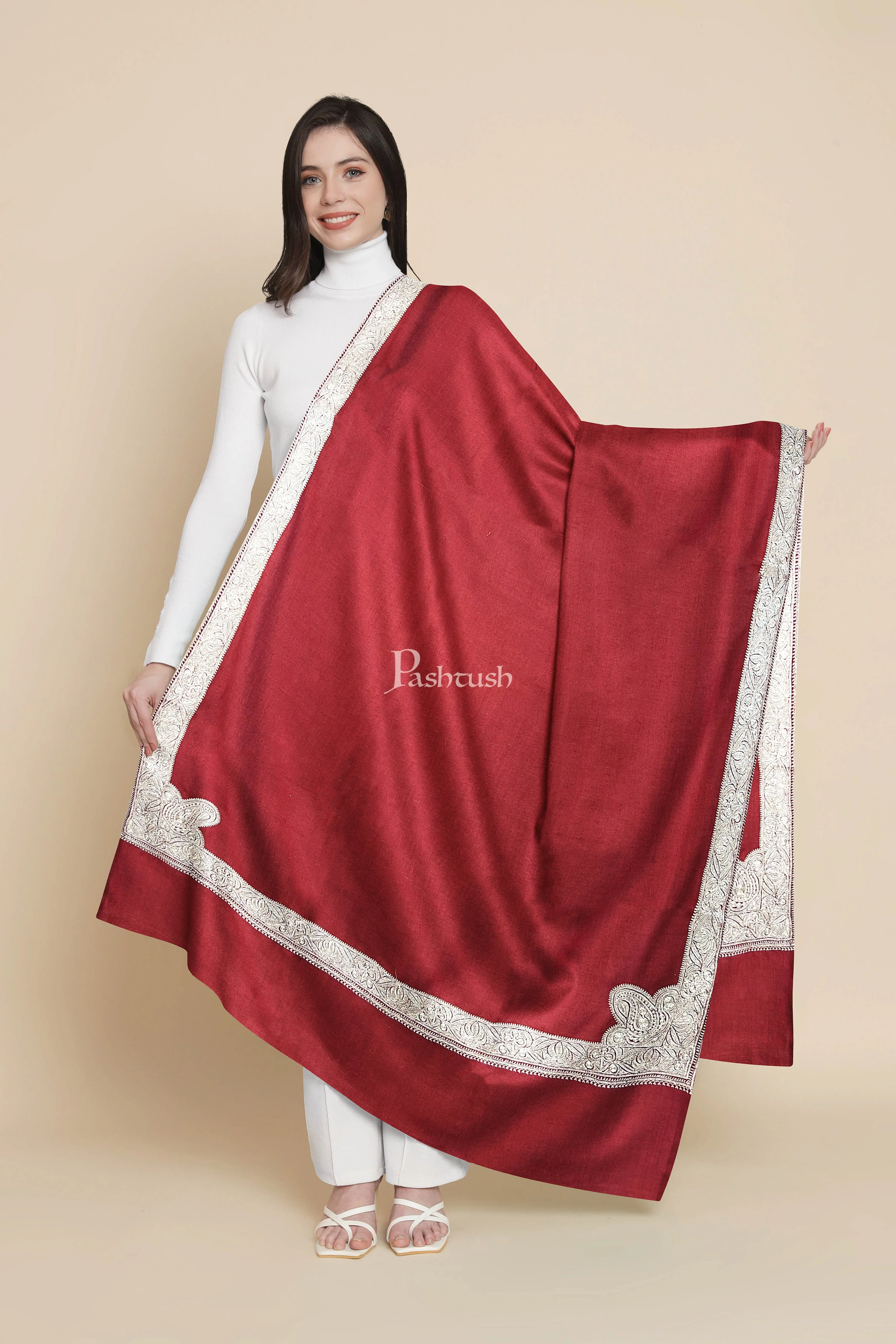 Pashtush Womens Pashmina Shawl, Chaandi Taar Daur with Real Silver Embroidery, Border, Maroon - Image 3