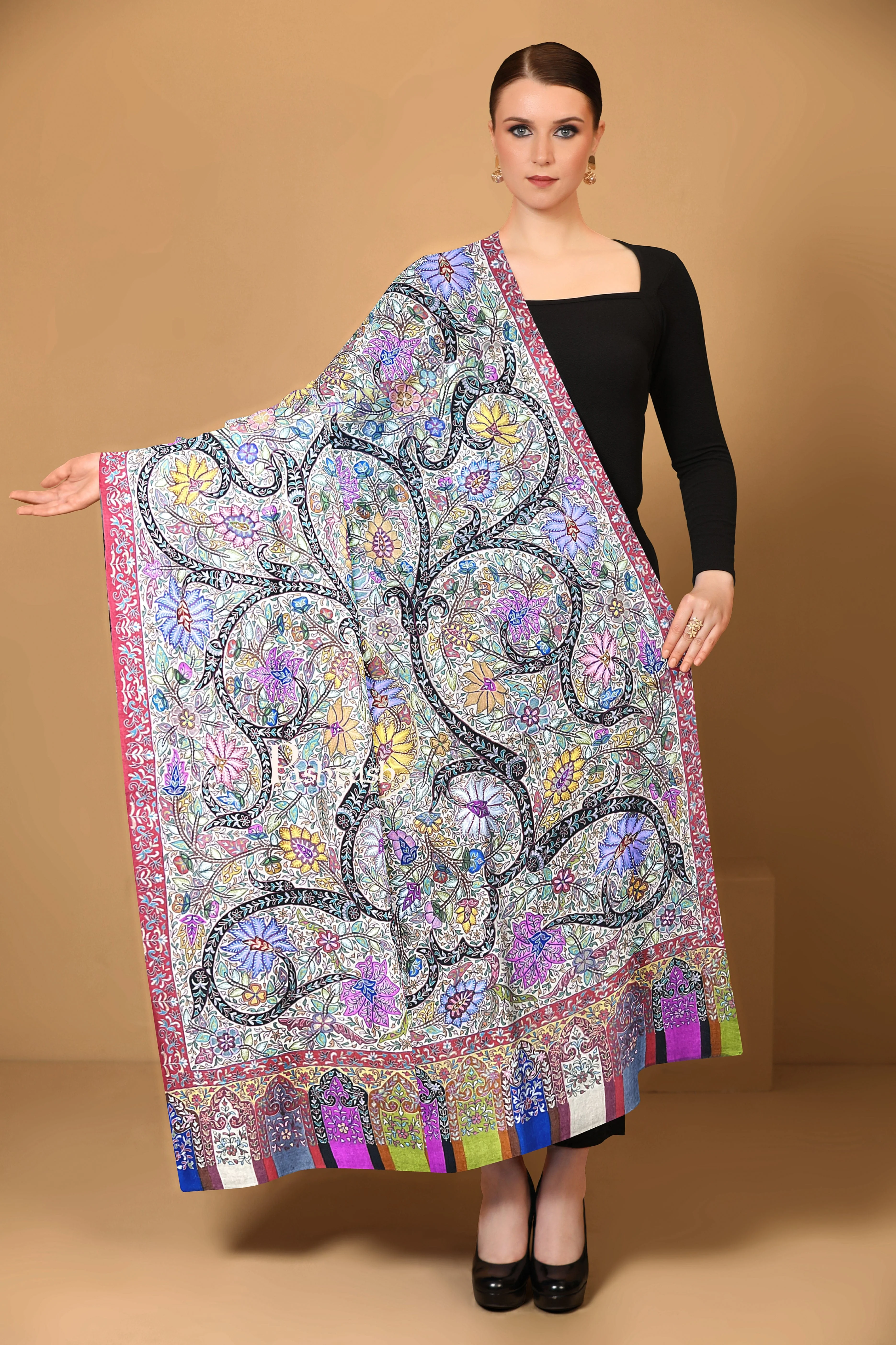 Pashtush Womens Pashmina Shawl, Handmade Kalamkari, Multicoloured - Image 2