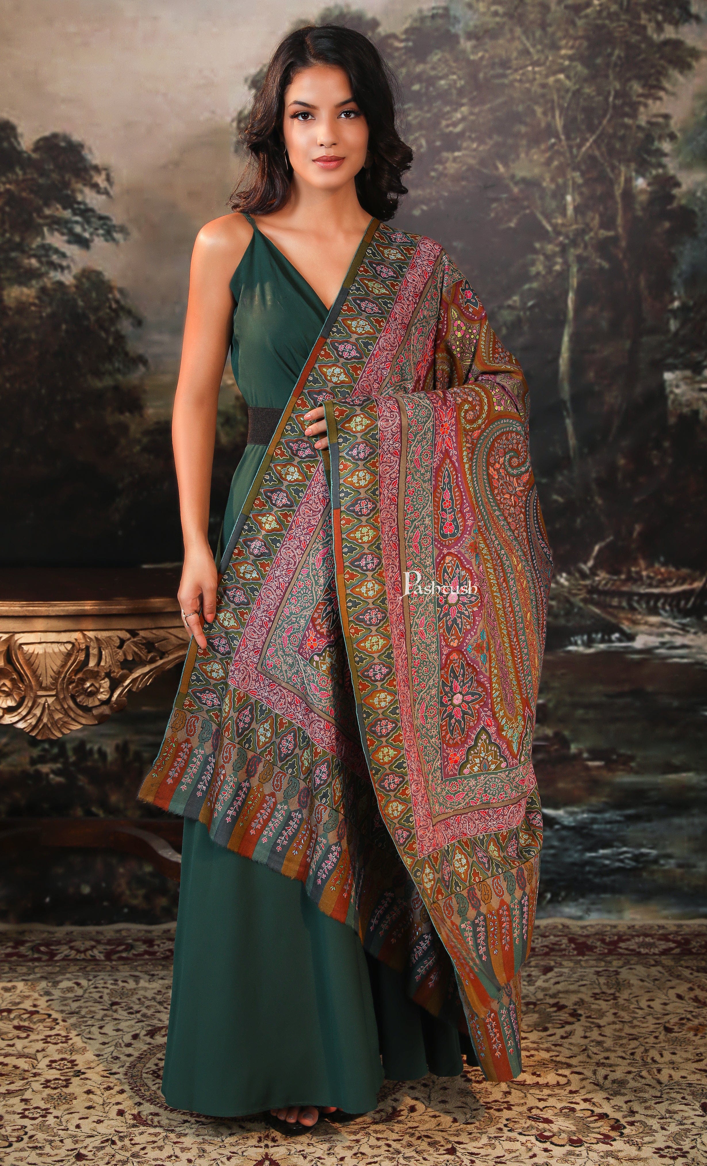 Pashtush womens Pashmina shawl, Kalamkari design, Multicolour - Image 3