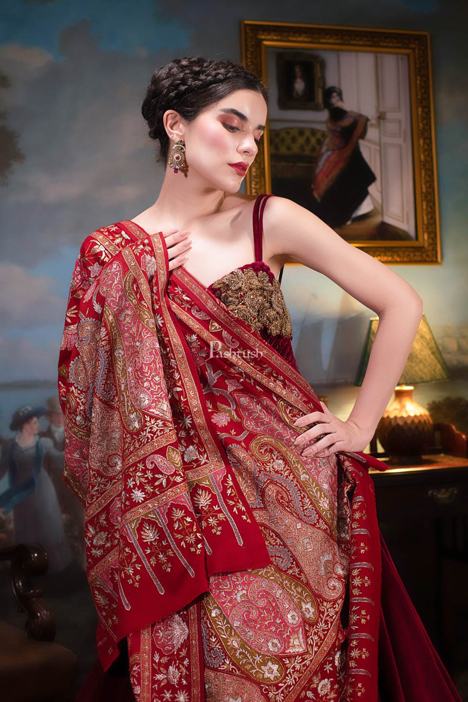 Pashtush Womens Pashmina Shawl, Kashmiri Tilla Work, Handloom, Multicolour