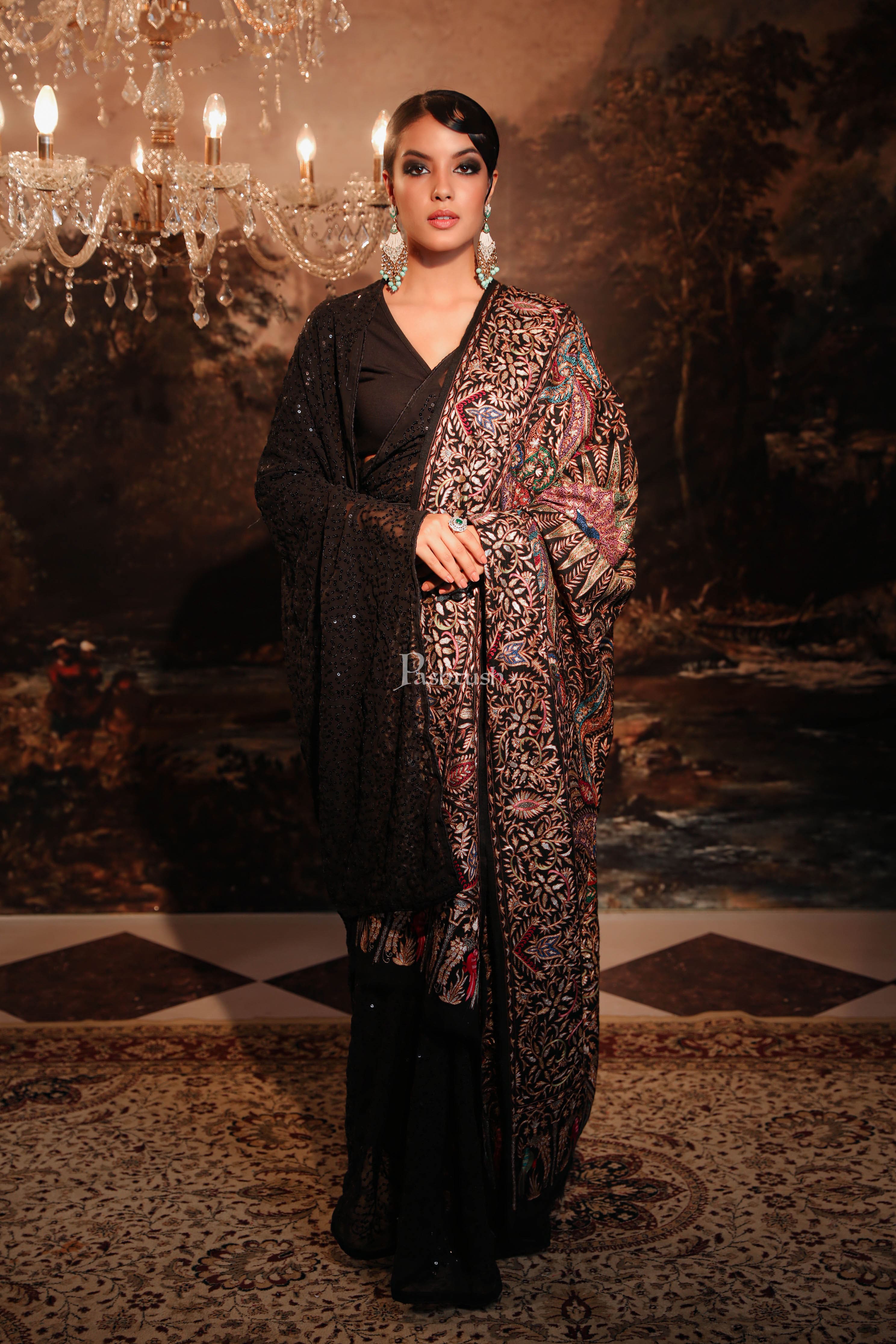 PASHTUSH WOMENS PASHMINA SHAWL, KASHMIRI TILLA WORK, HANDLOOM, MULTICOLOURED - Image 4