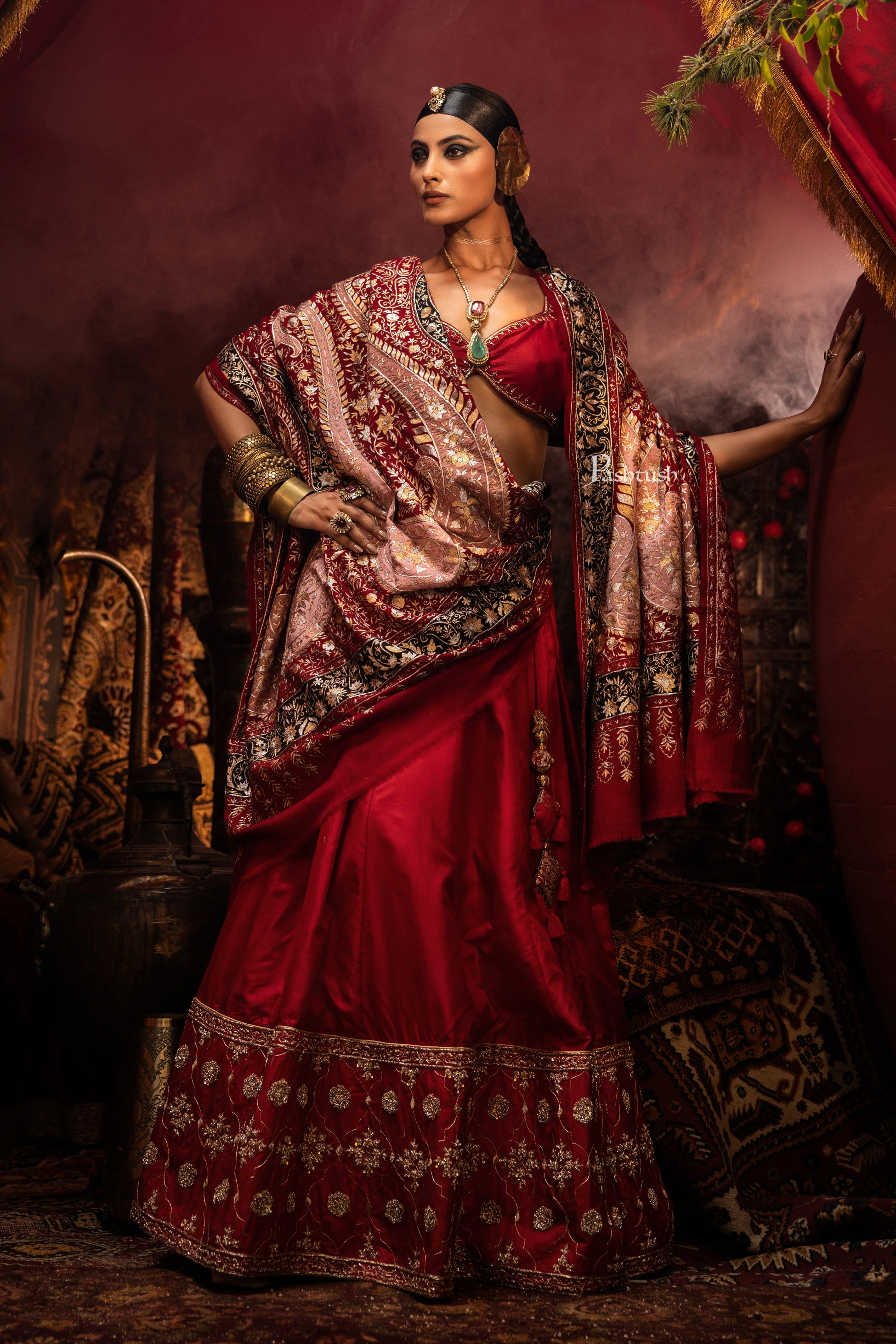 Pashtush Womens Pashmina Shawl, With Kashmiri Tilla Embroidery, Hand Woven, Hand Embroidered - Image 2