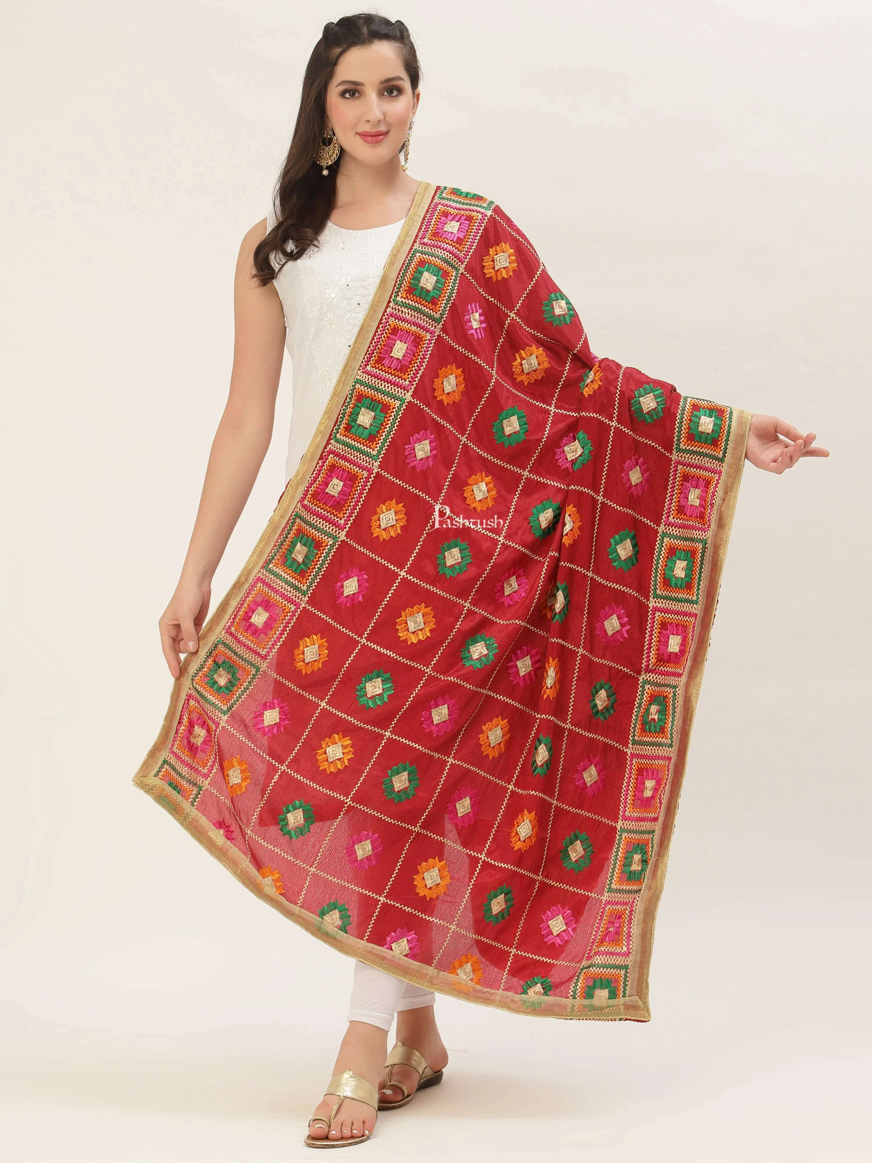 Pashtush Womens Phulkari Dupatta,Red