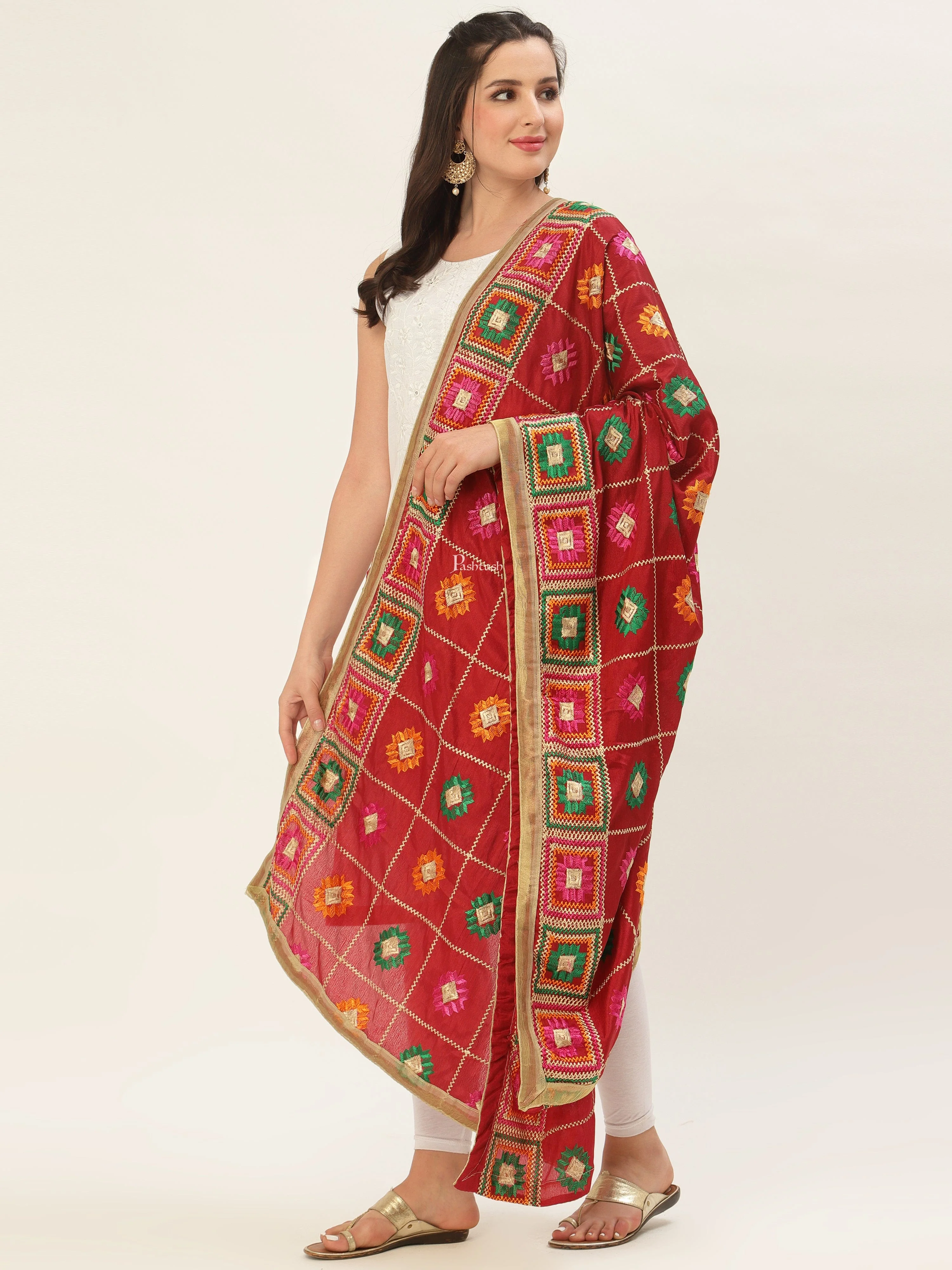 Pashtush Womens Phulkari Dupatta,Red - Image 4