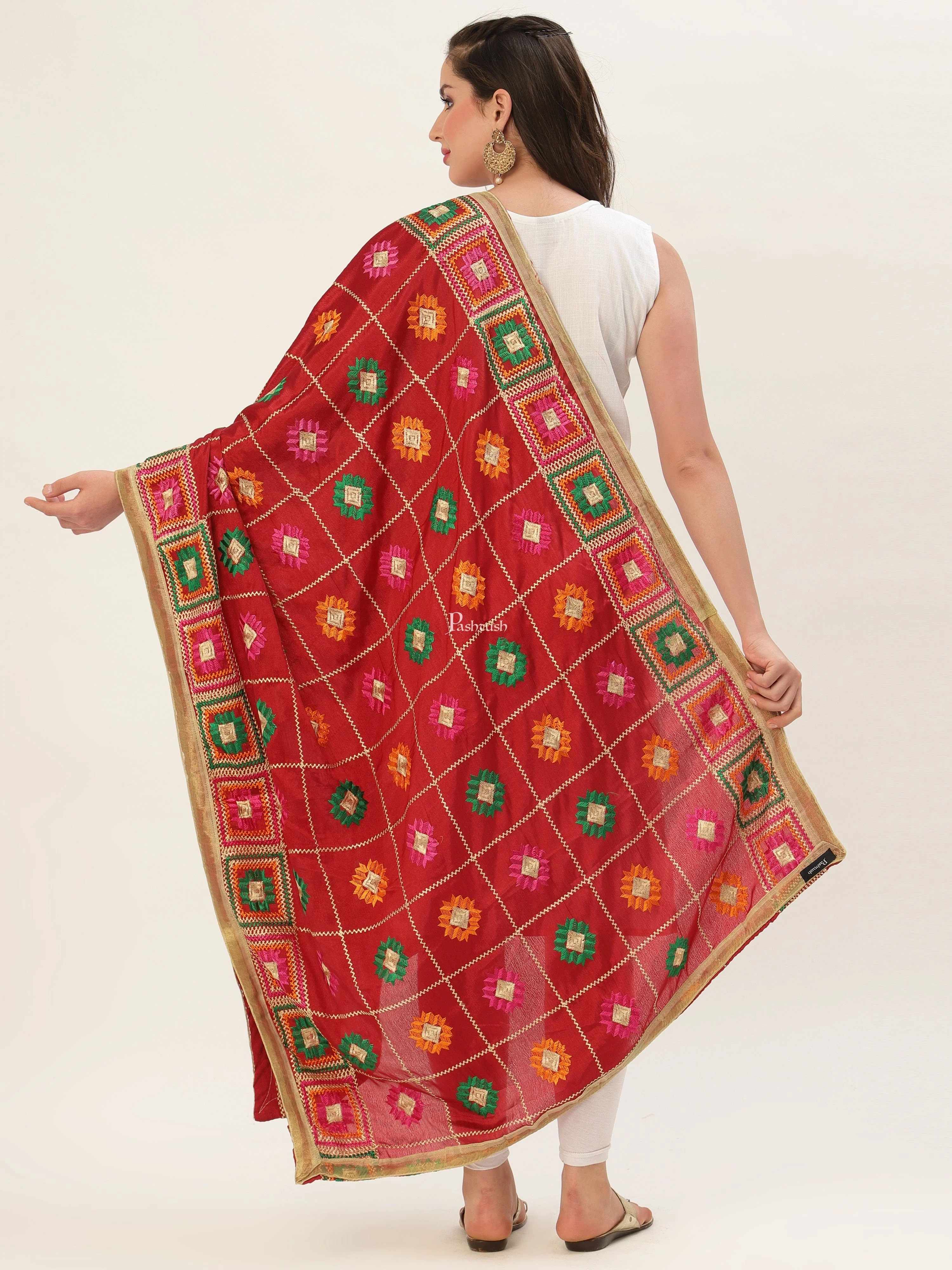 Pashtush Womens Phulkari Dupatta,Red - Image 5