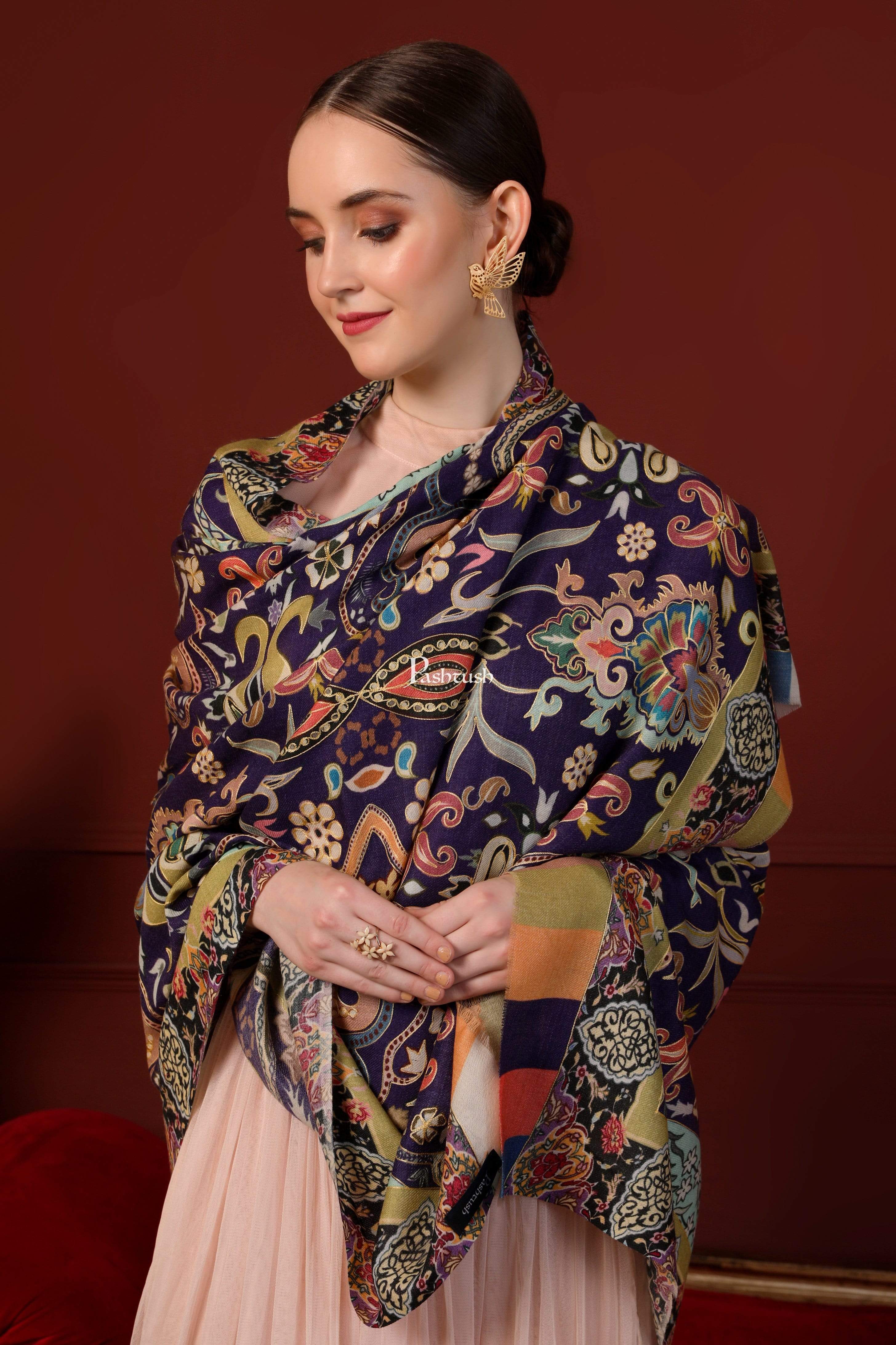 Pashtush Womens Printed Shawl, Multicoloured outline, 100% Pure Wool (Woolmark Certified)
