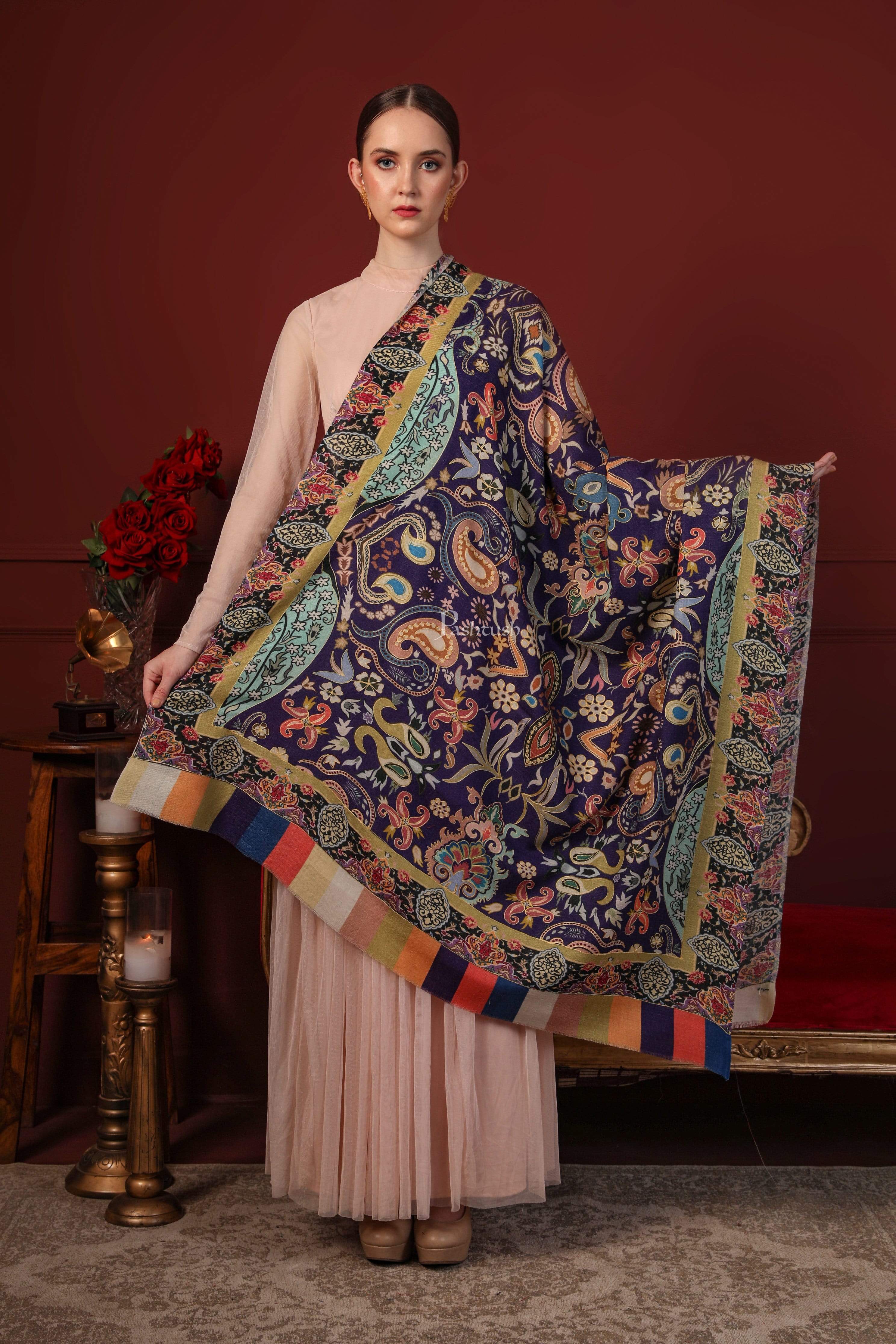 Pashtush Womens Printed Shawl, Multicoloured outline, 100% Pure Wool (Woolmark Certified) - Image 3