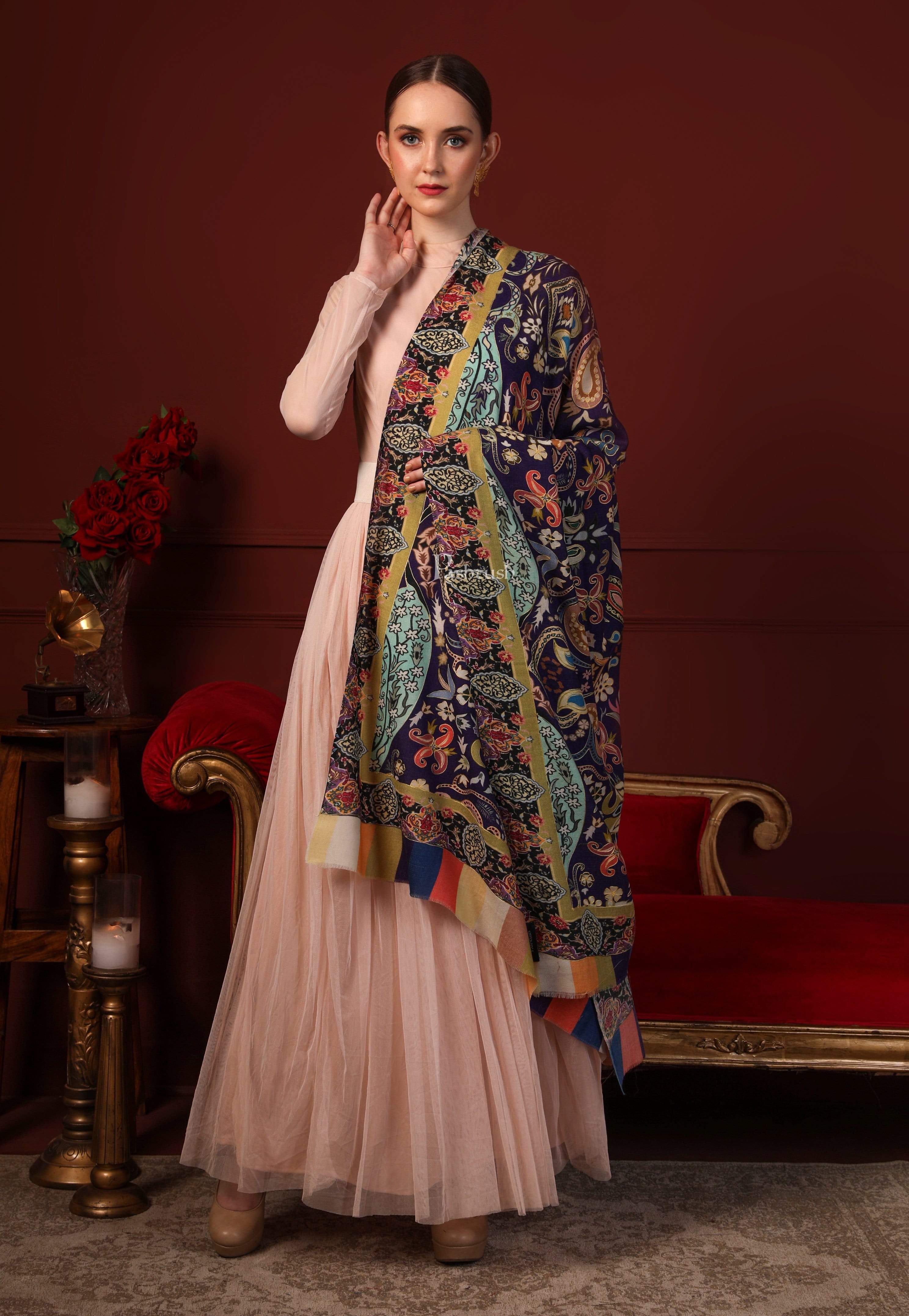 Pashtush Womens Printed Shawl, Multicoloured outline, 100% Pure Wool (Woolmark Certified) - Image 5