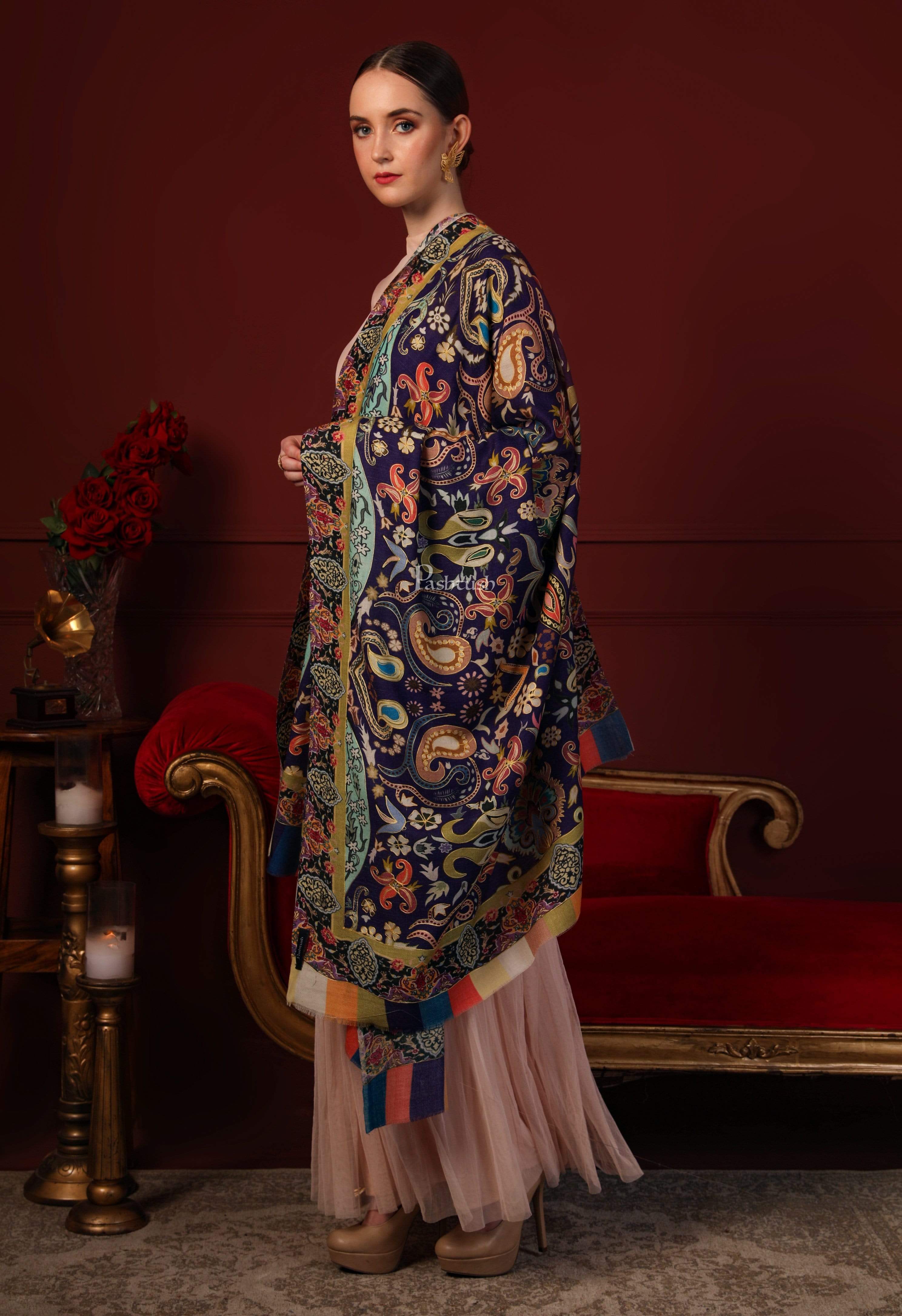 Pashtush Womens Printed Shawl, Multicoloured outline, 100% Pure Wool (Woolmark Certified) - Image 6