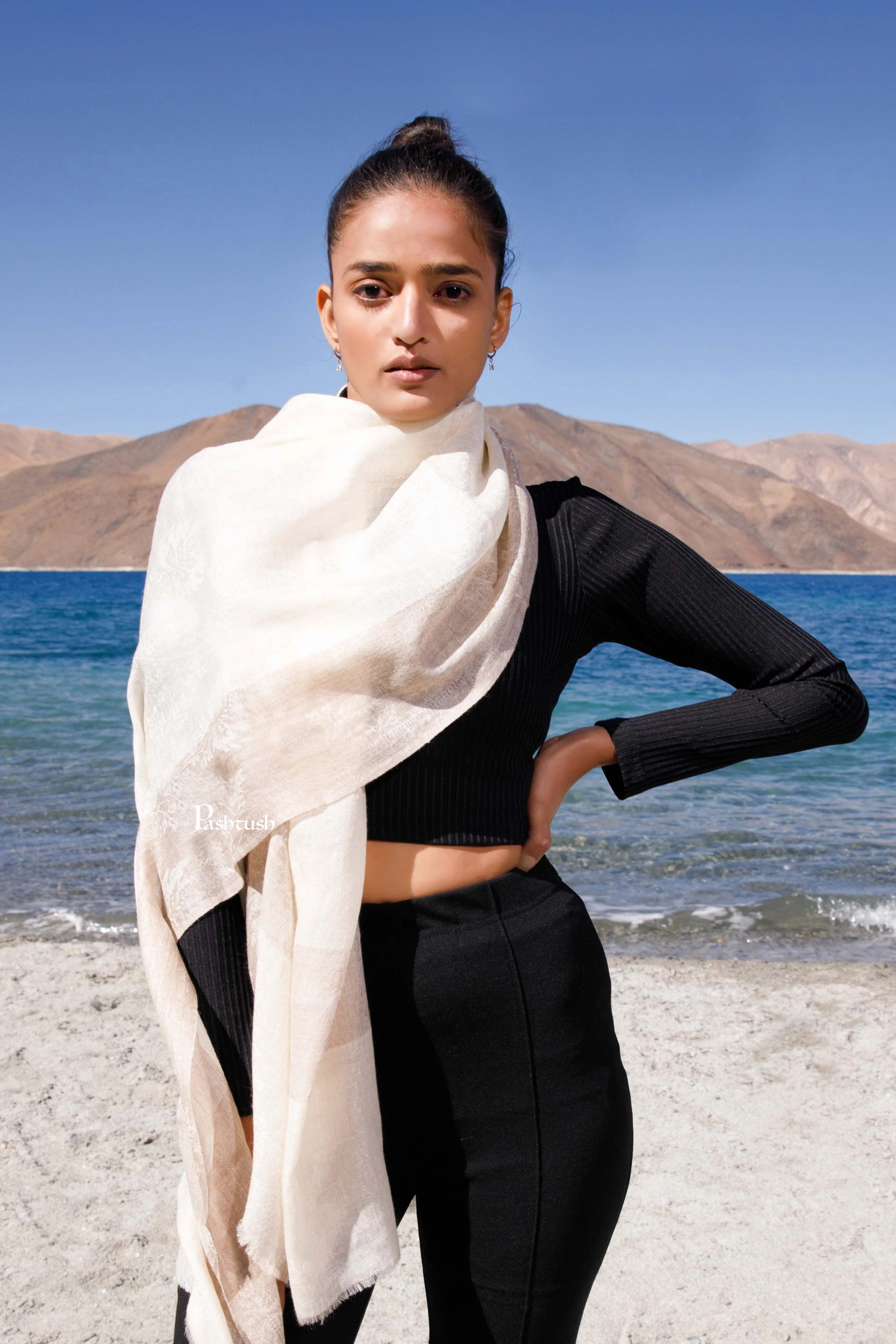 Pashtush Womens Pure Cashmere Scarf, Ultra Soft, Warm, Lightweight Woven, Natural Beige
