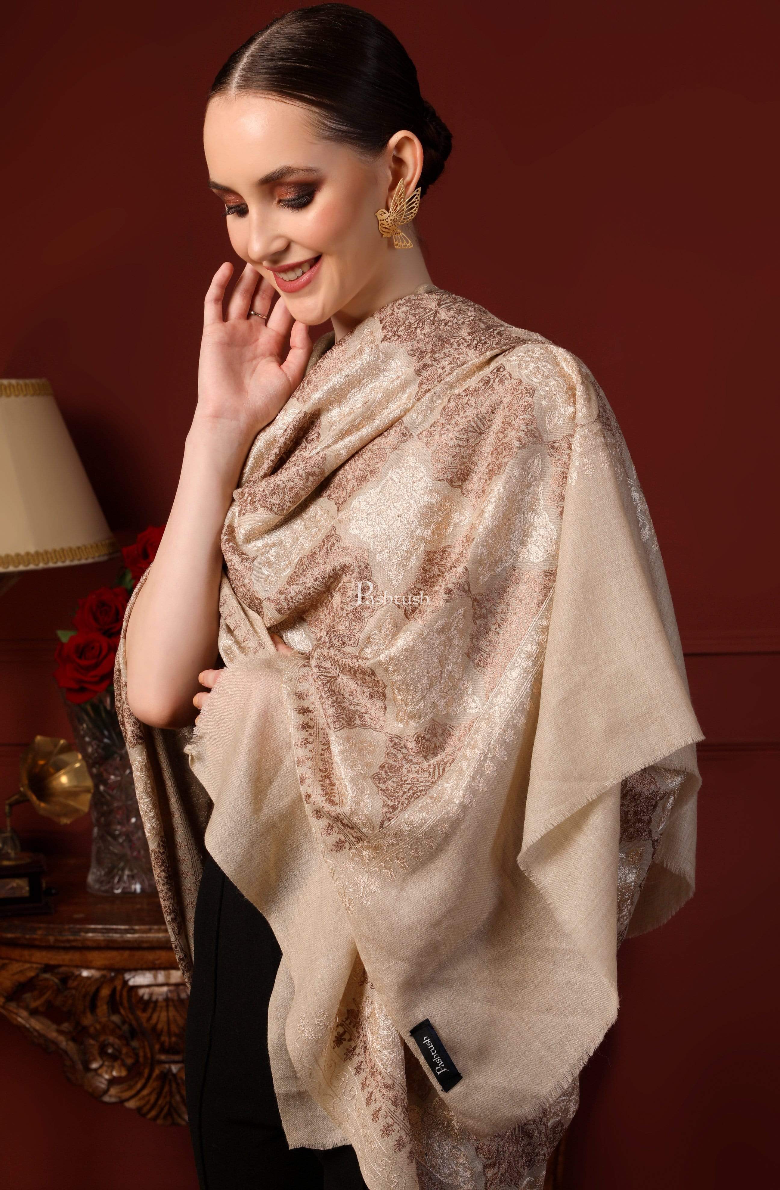 Pashtush Womens Silky Nalki Embroidery Needlework 100% Pure Wool With Woolmark Certificate Stole, White - Image 3