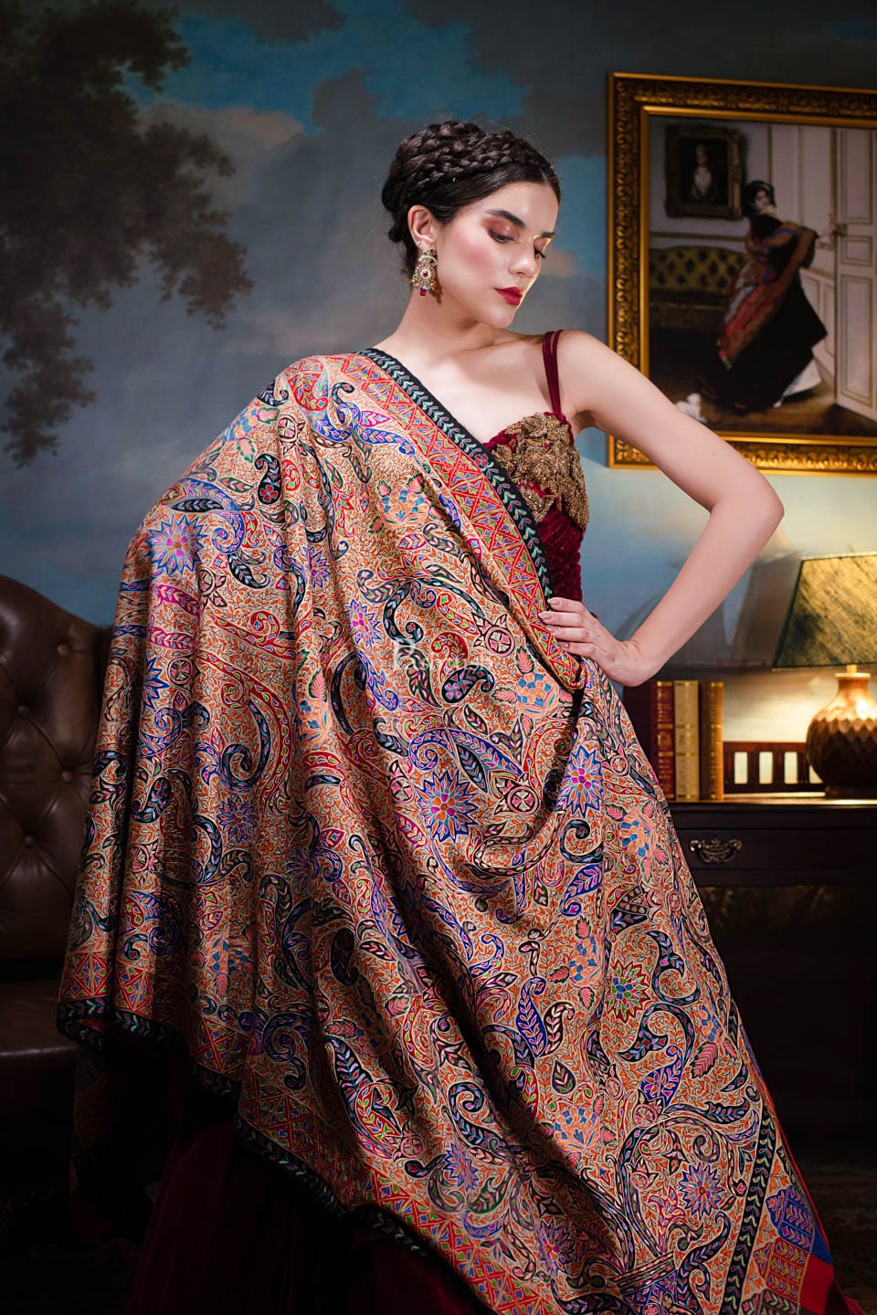 Pashtush Womens Pure Pashmina, Hand Embroidered Hand Painted Kalamkari Shawl, Multicoloured - Image 2