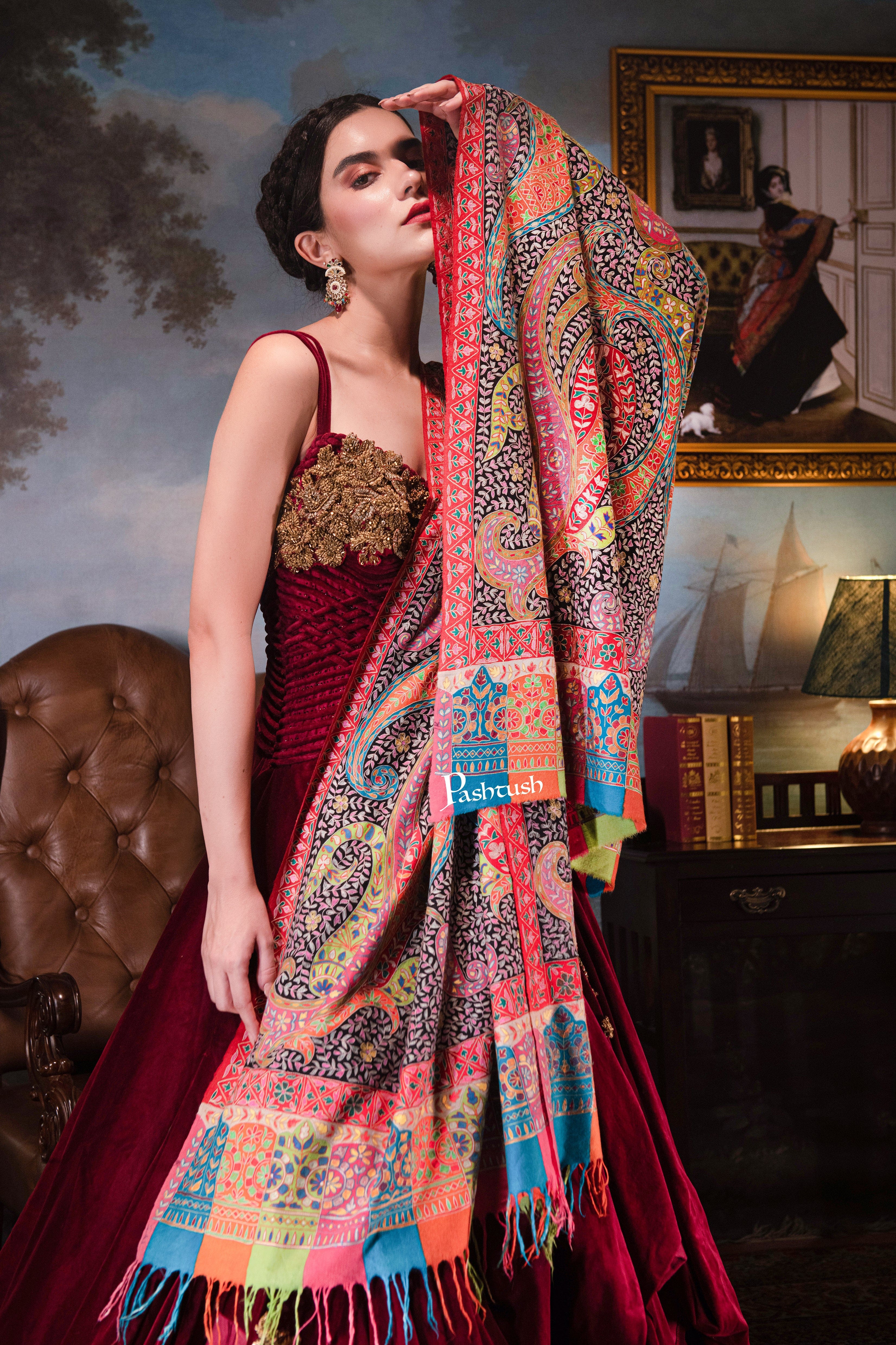 Pashtush Womens Pashmina, Hand Embroidered Hand Painted Kalamkari Shawl, Multicoloured - Image 4