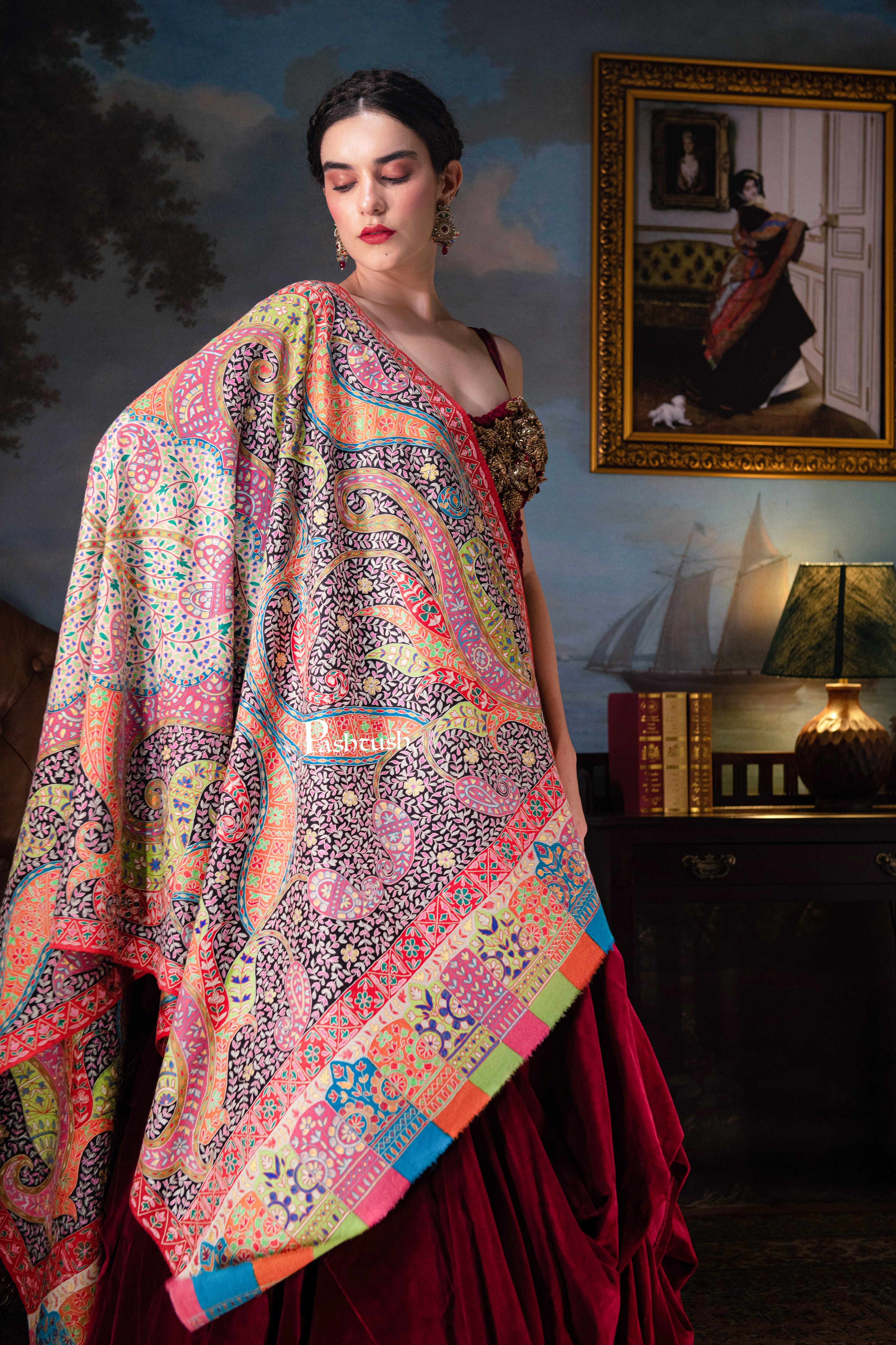 Pashtush Womens Pashmina, Hand Embroidered Hand Painted Kalamkari Shawl, Multicoloured - Image 6