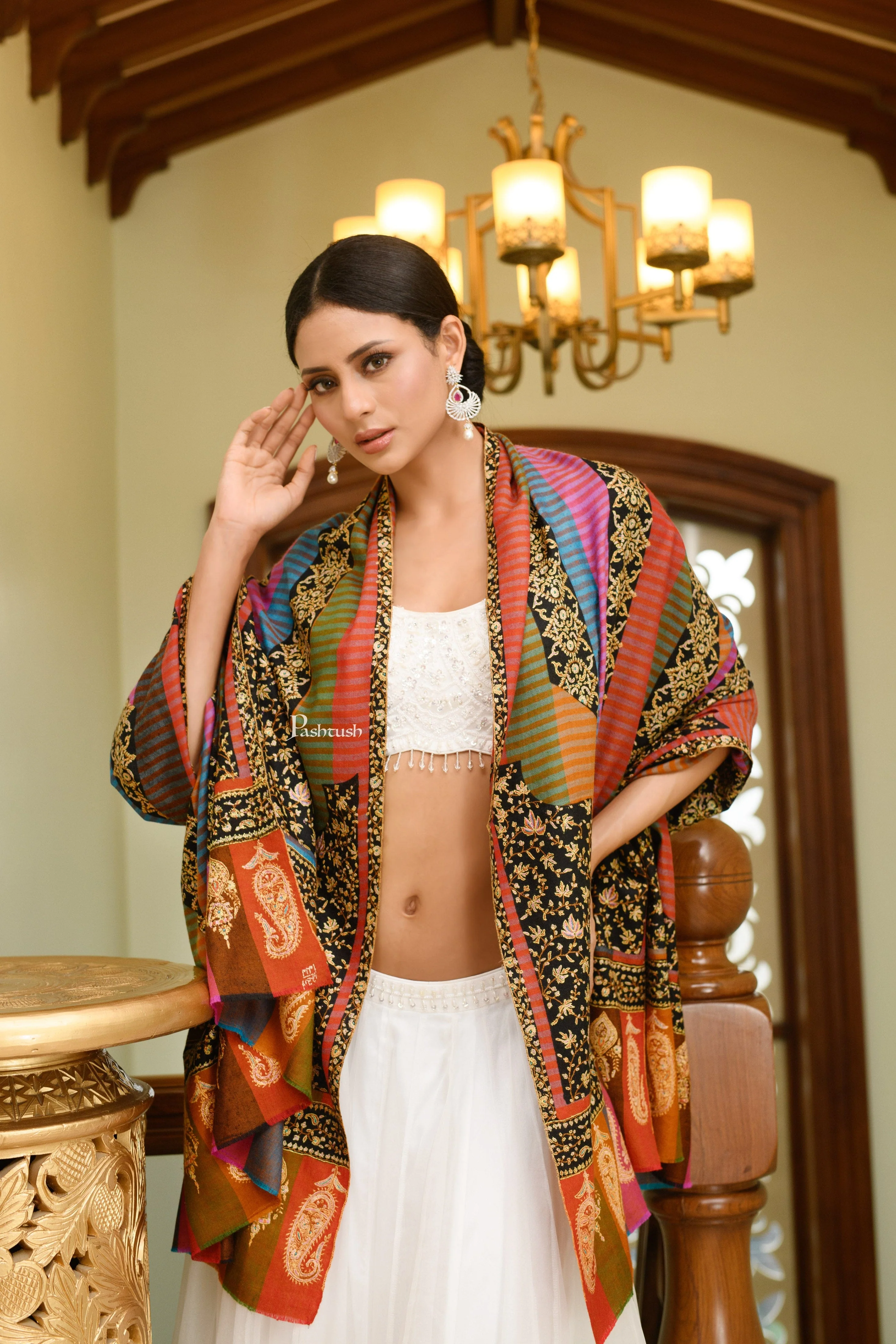 Pashtush Womens Pure Pashmina, Hand Woven, Sozni Hand Embroidered Stripe Design Shawl, Multicoloured - Image 3