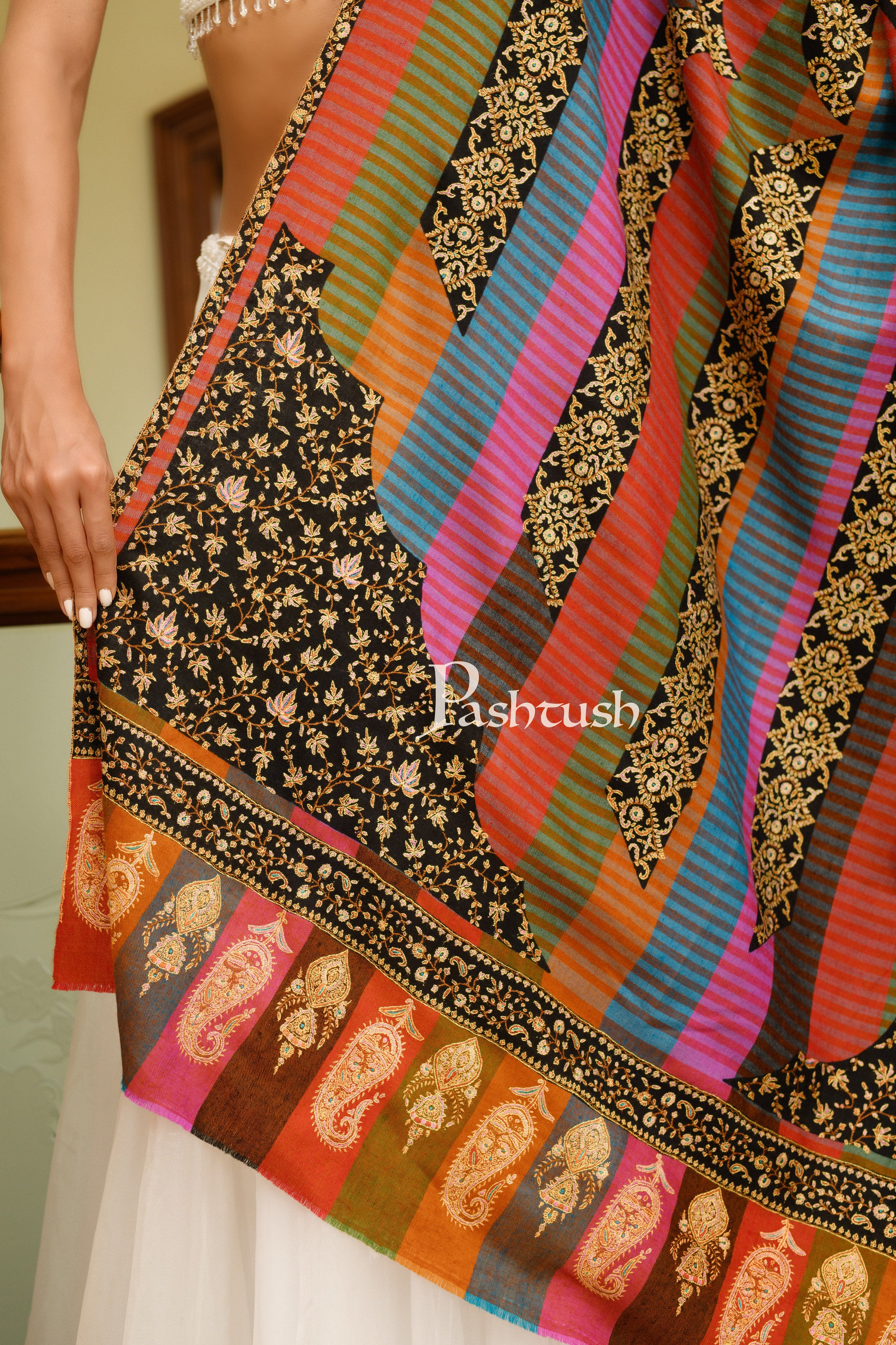 Pashtush Womens Pure Pashmina, Hand Woven, Sozni Hand Embroidered Stripe Design Shawl, Multicoloured - Image 7