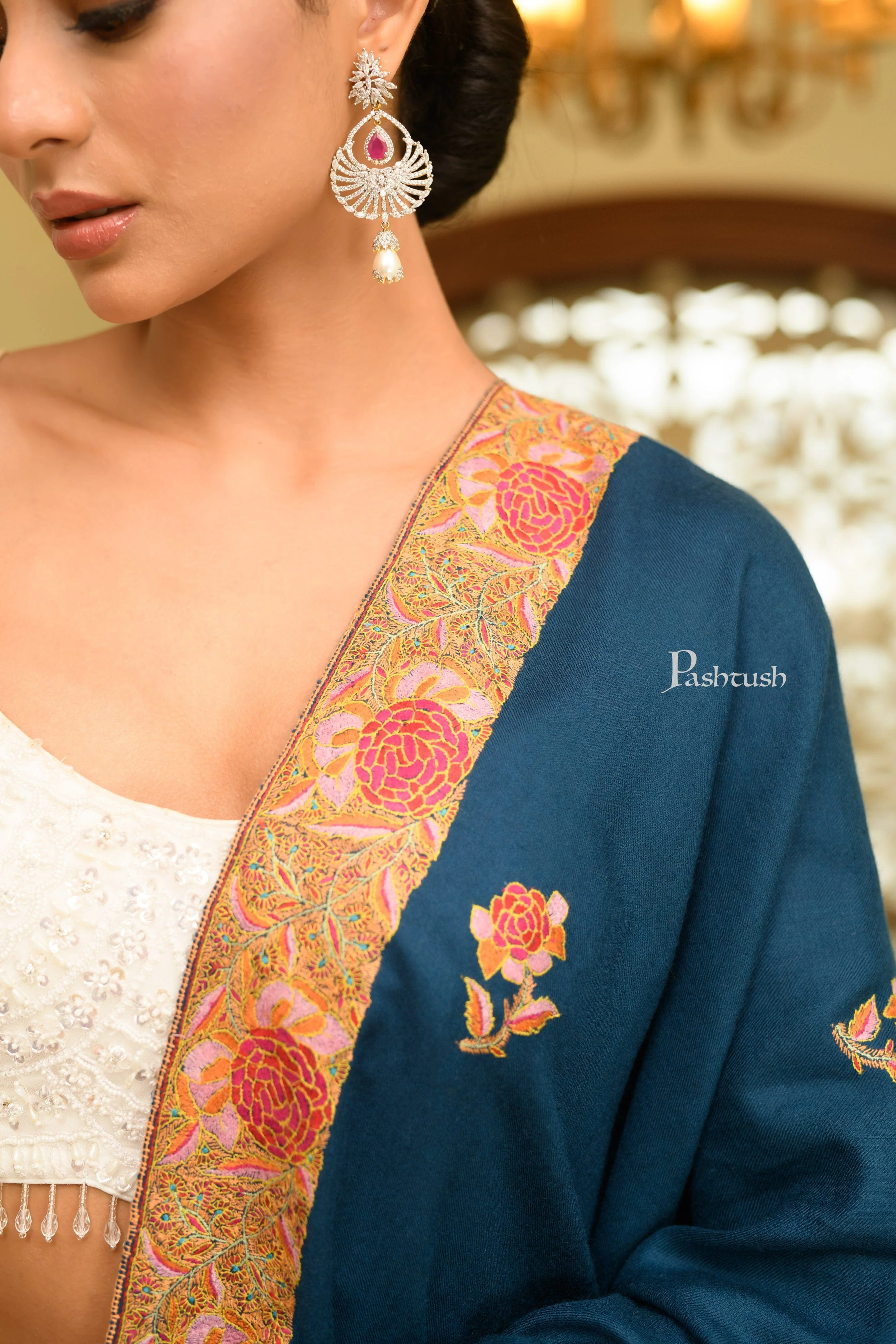 Pashtush Womens Pure Pashmina Shawl, Challa Daur - Gulaabdar Sozni Embroidery Design, Arabic Sea Blue