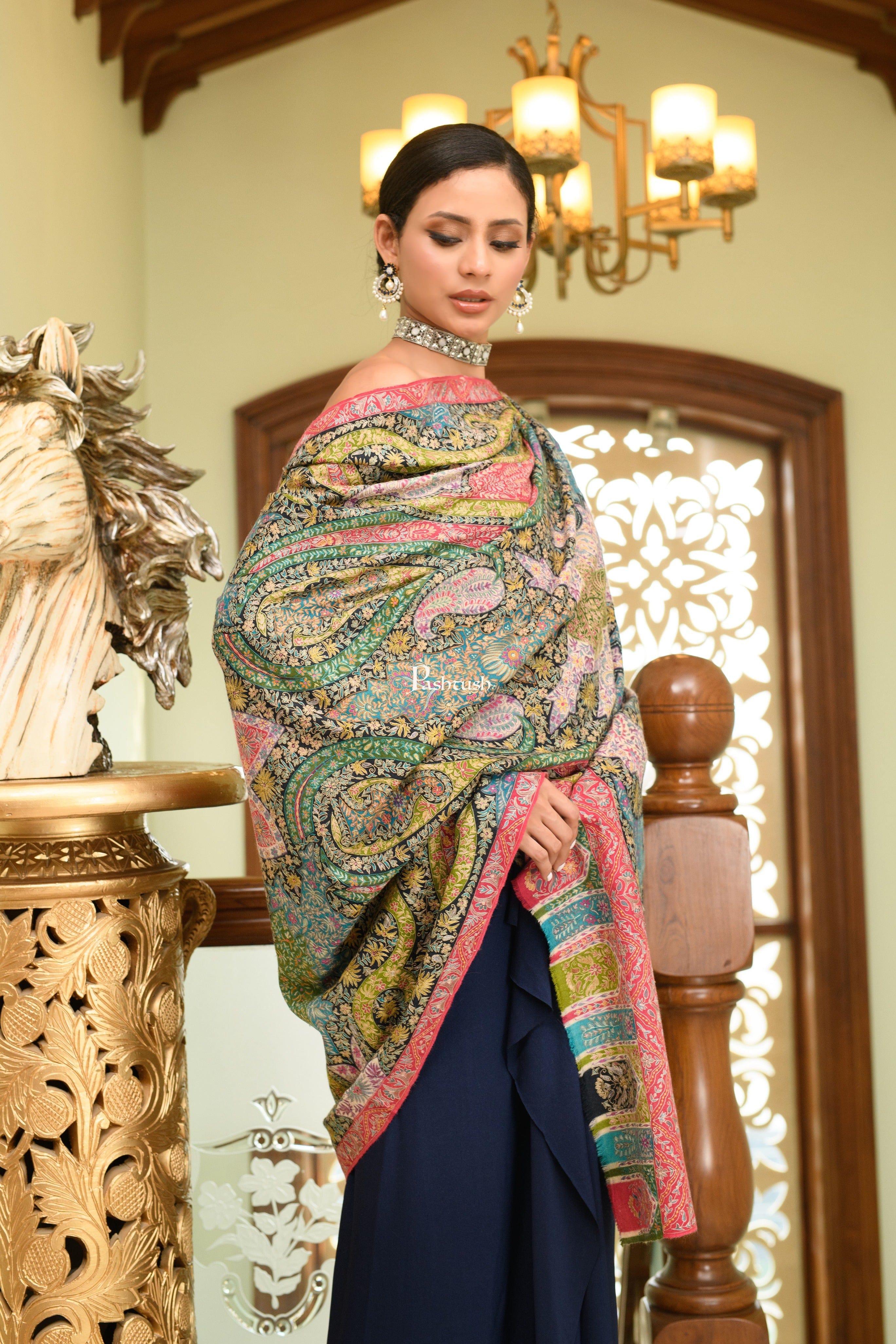 Pashtush Womens Pure Pashmina Shawl, Hand Painted And Embroidered Kalamkari Design, Multicolour - Image 5
