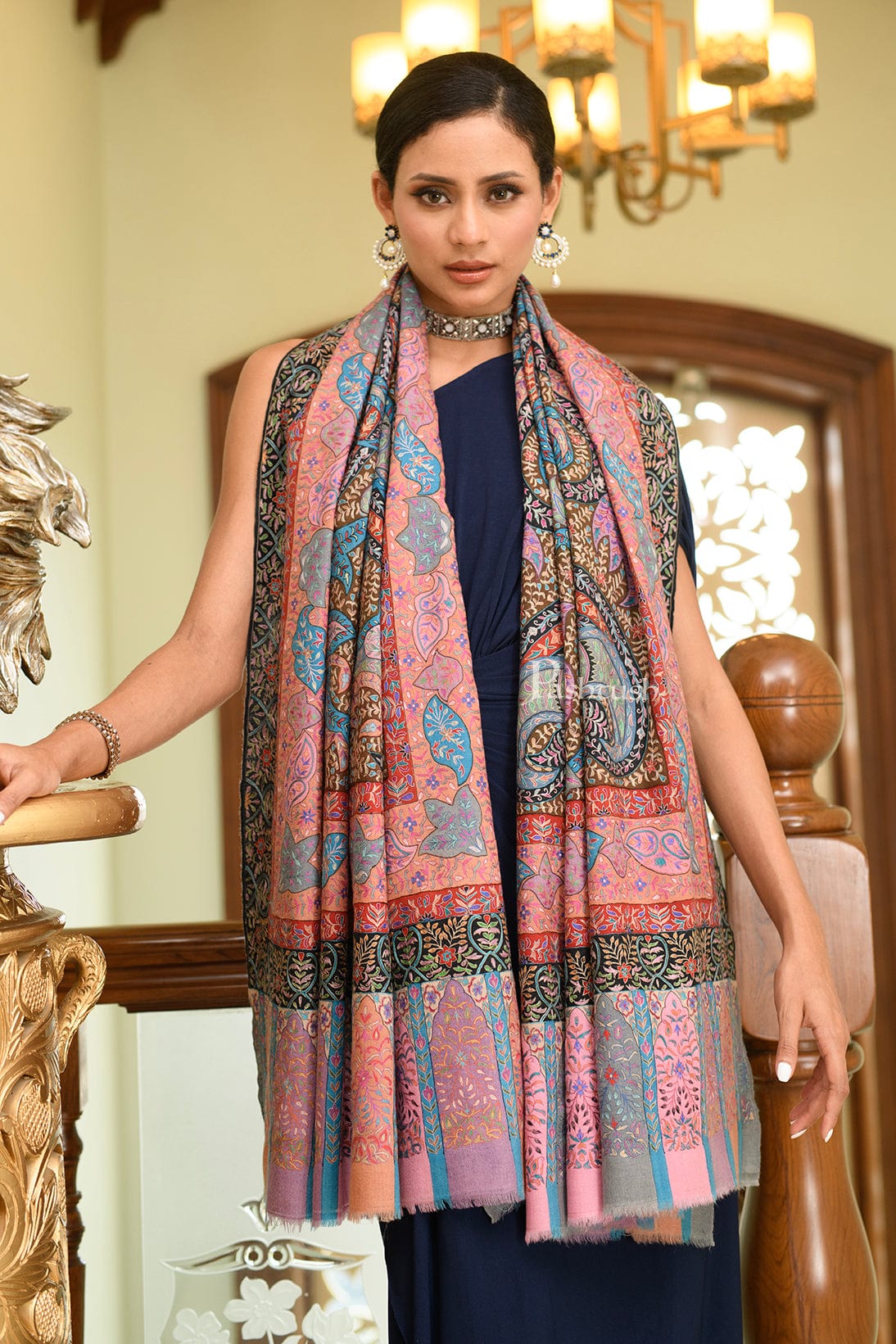 Pashtush Womens Pure Pashmina Shawl, Hand Painted And Embroidered Kalamkari Design, Multicolour