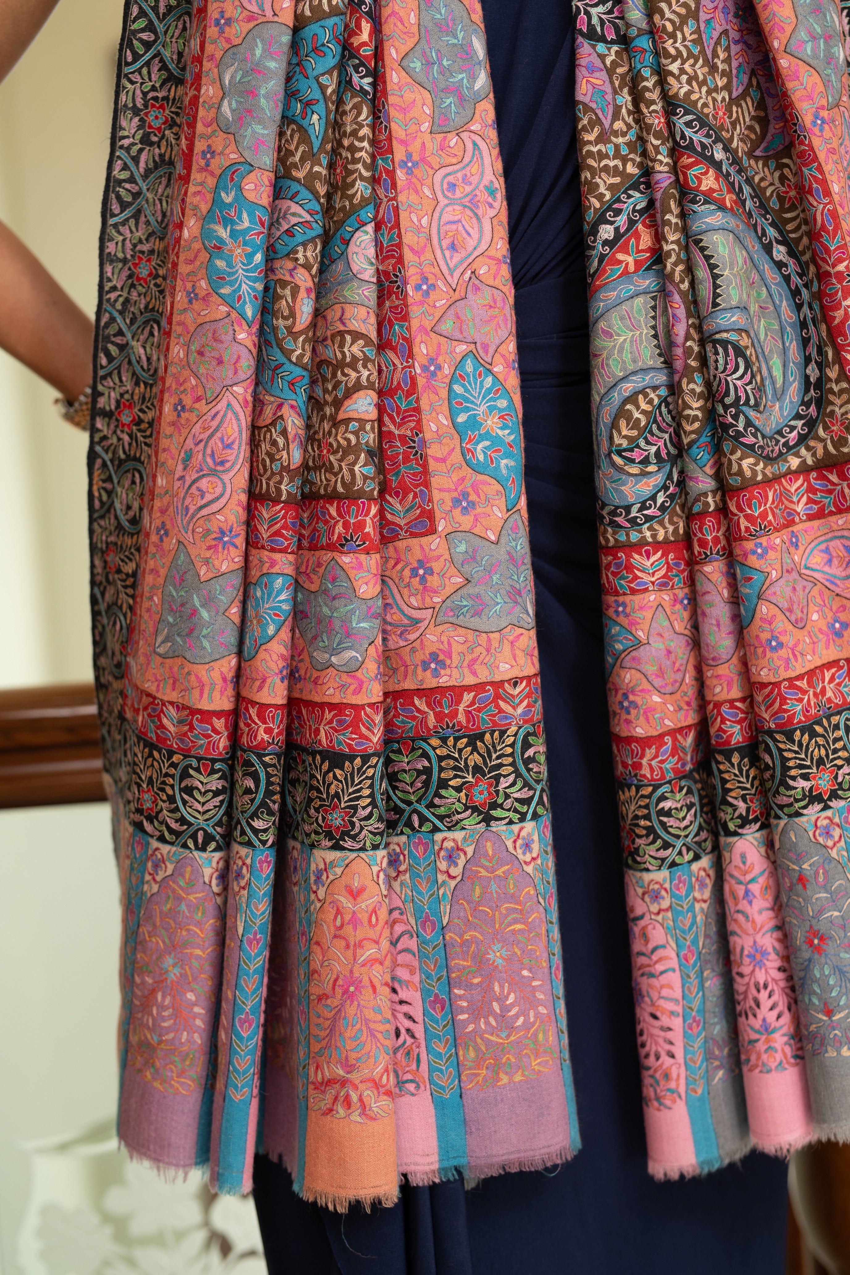 Pashtush Womens Pure Pashmina Shawl, Hand Painted And Embroidered Kalamkari Design, Multicolour - Image 2