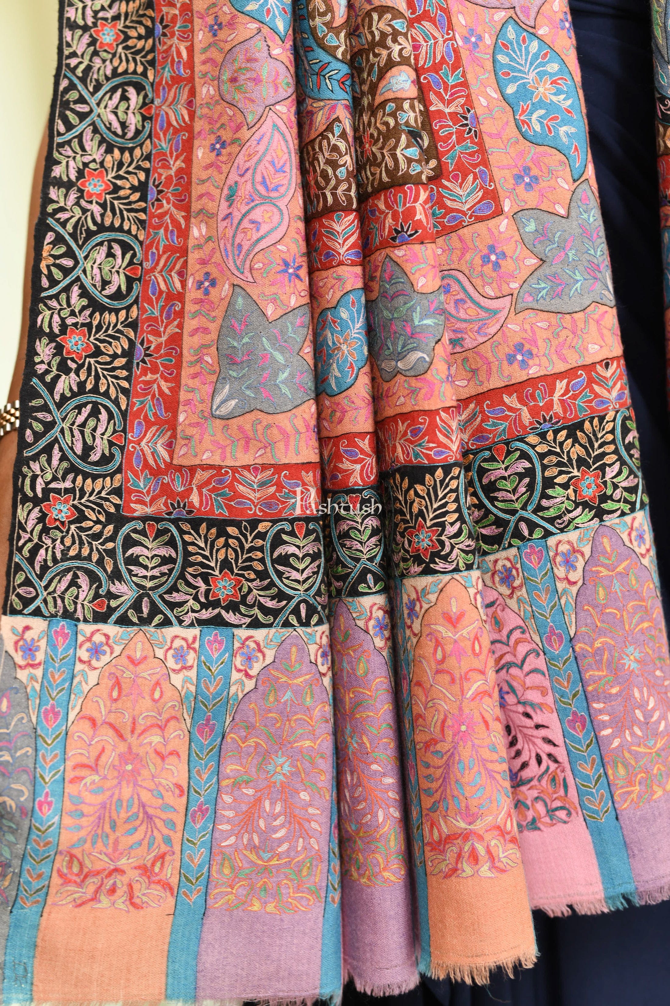 Pashtush Womens Pure Pashmina Shawl, Hand Painted And Embroidered Kalamkari Design, Multicolour - Image 3