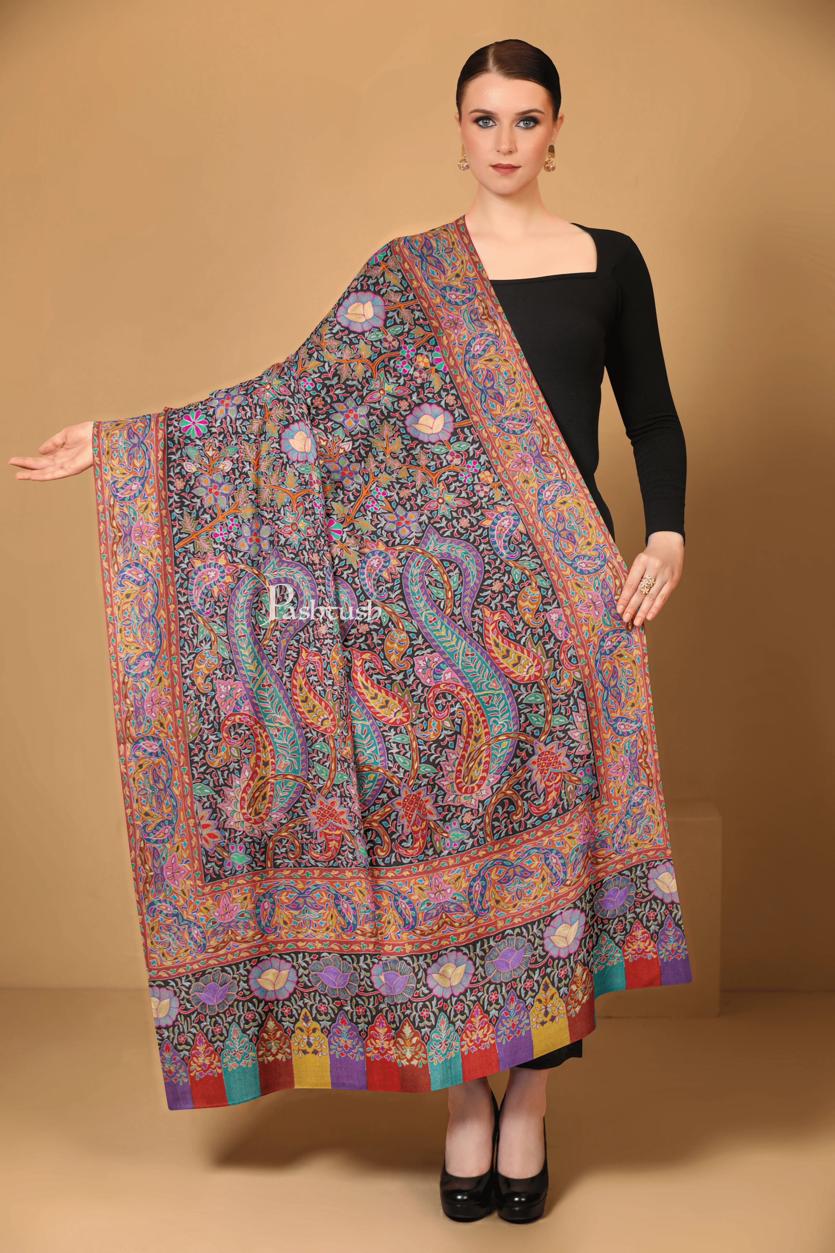 Pashtush Womens Pure Pashmina Shawl, Hand Painted And Embroidered Kalamkari Design, Multicolour - Image 4