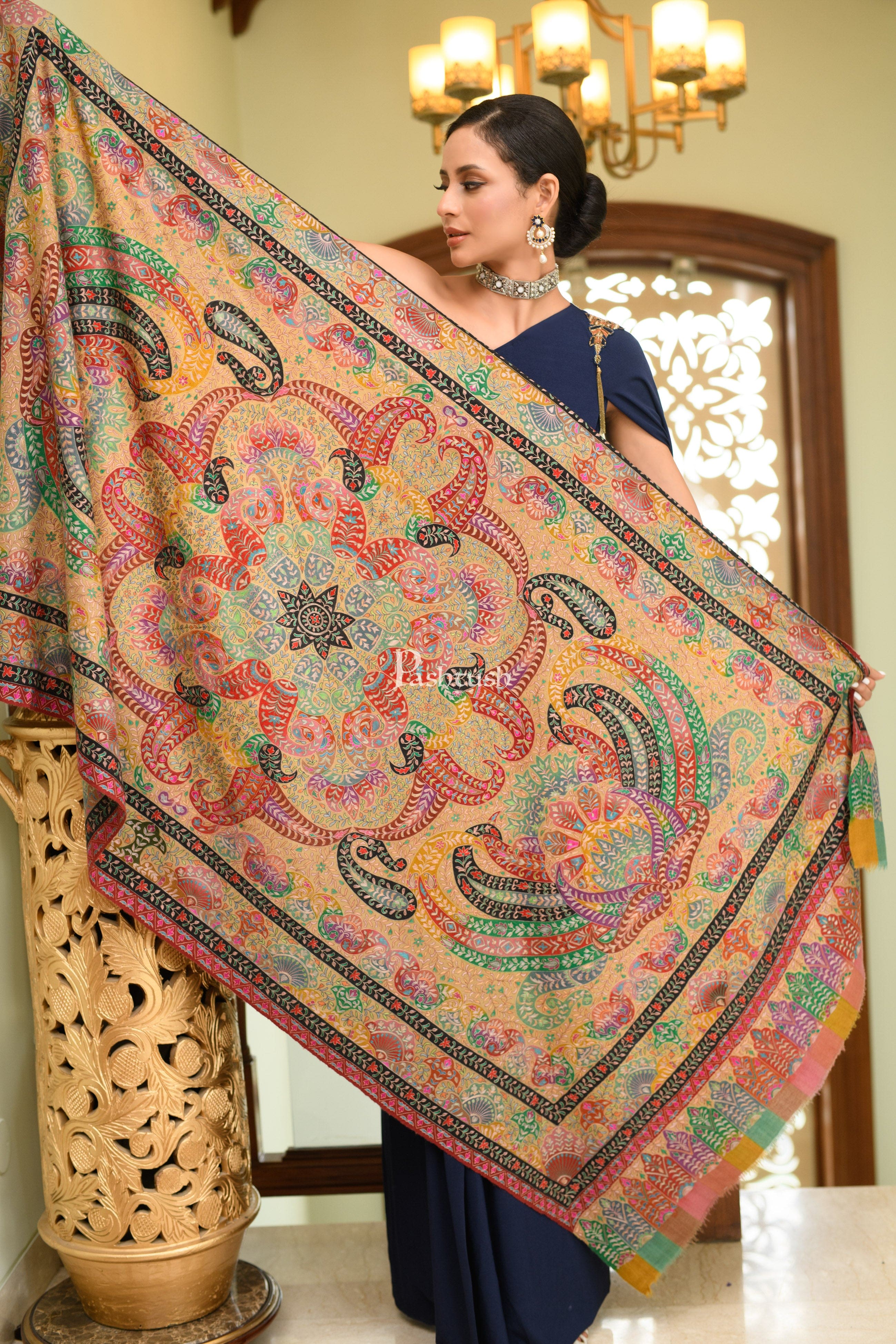 Pashtush Womens Pure Pashmina Shawl, Hand Painted And Embroidered Kalamkari Ombre Design, Multicolour