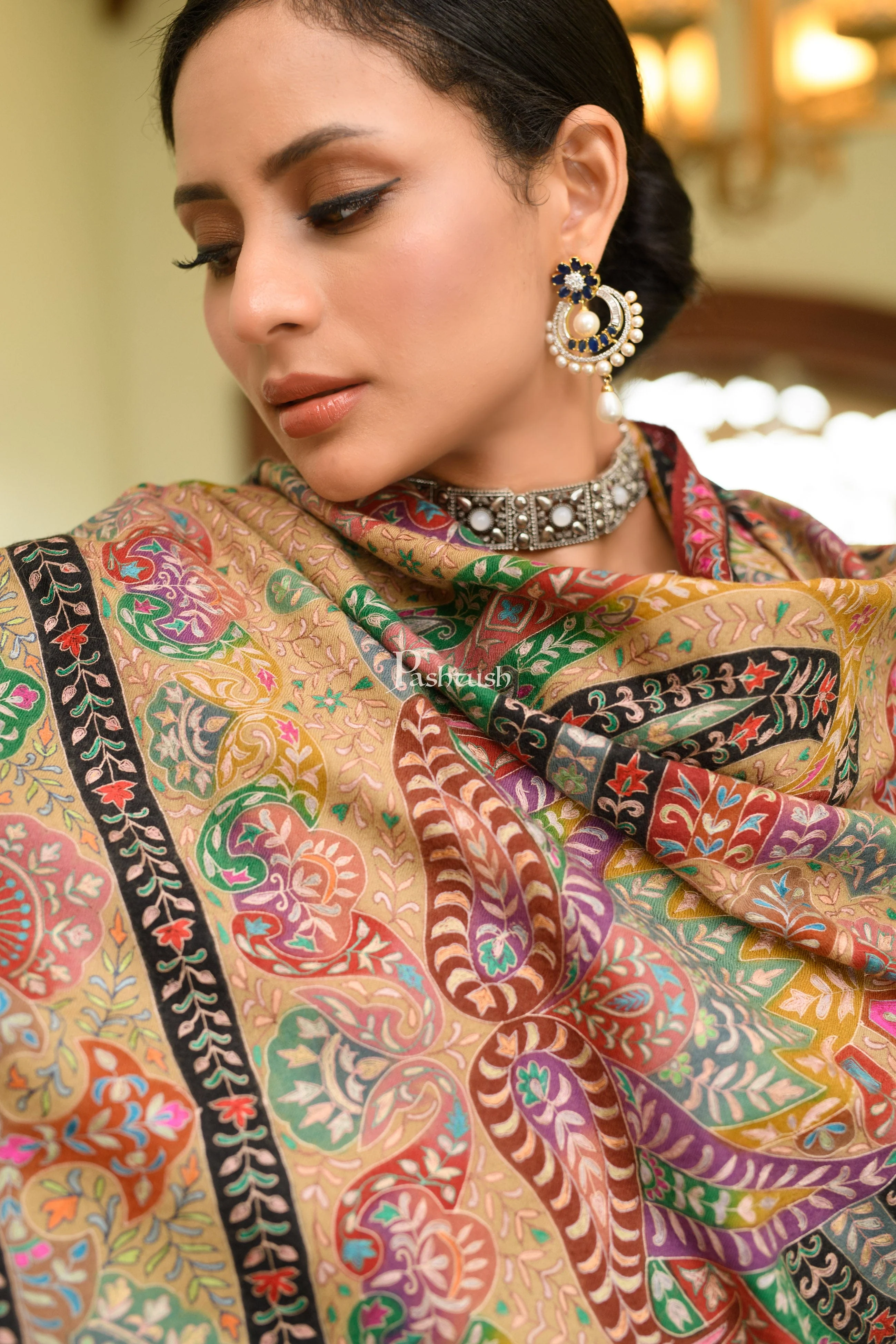 Pashtush Womens Pure Pashmina Shawl, Hand Painted And Embroidered Kalamkari Ombre Design, Multicolour - Image 2
