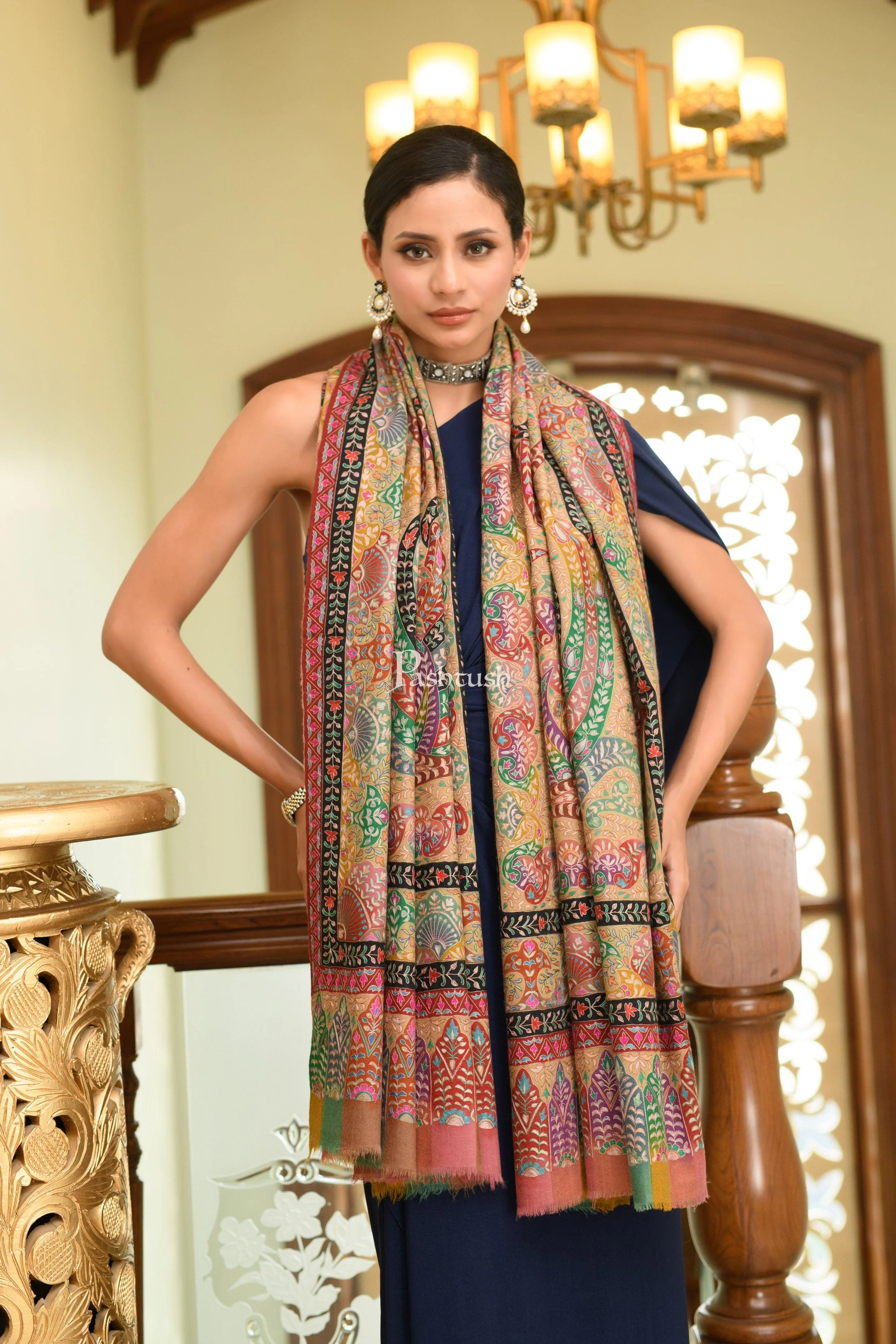 Pashtush Womens Pure Pashmina Shawl, Hand Painted And Embroidered Kalamkari Ombre Design, Multicolour - Image 3