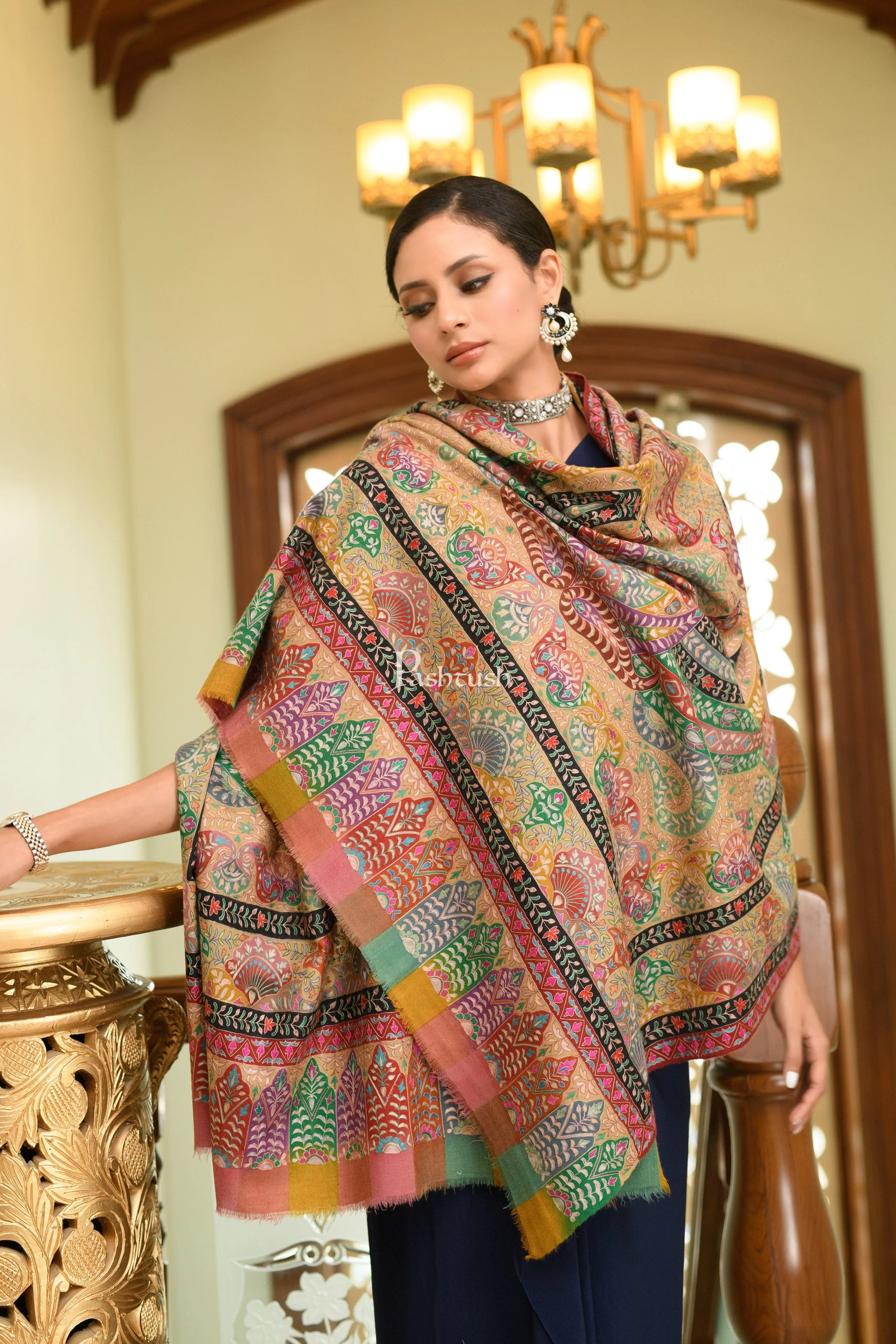 Pashtush Womens Pure Pashmina Shawl, Hand Painted And Embroidered Kalamkari Ombre Design, Multicolour - Image 4