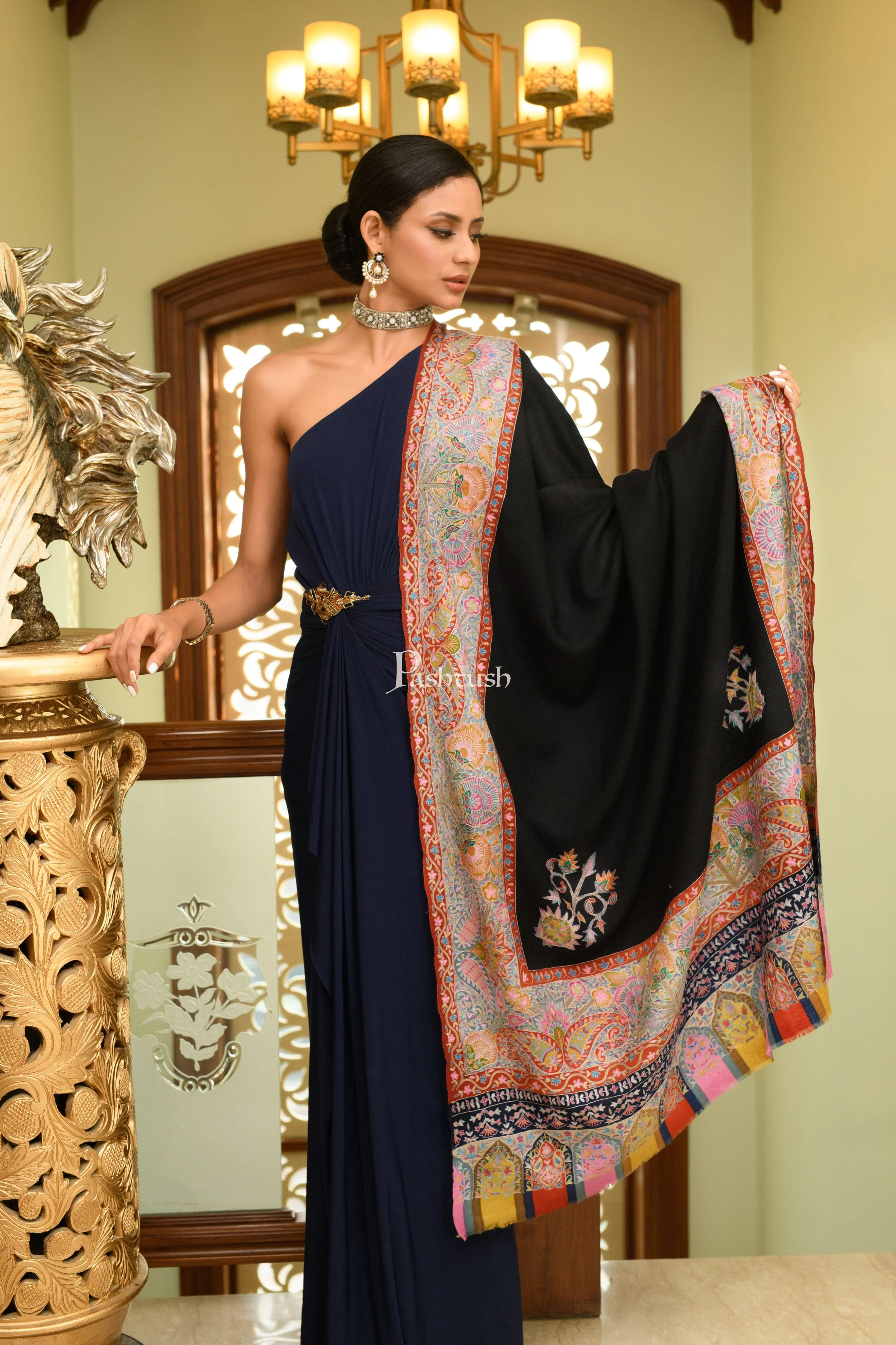 Pashtush Womens Pure Pashmina Shawl, Hand Painted And Embroidered Kalamkari Palla Design, Black