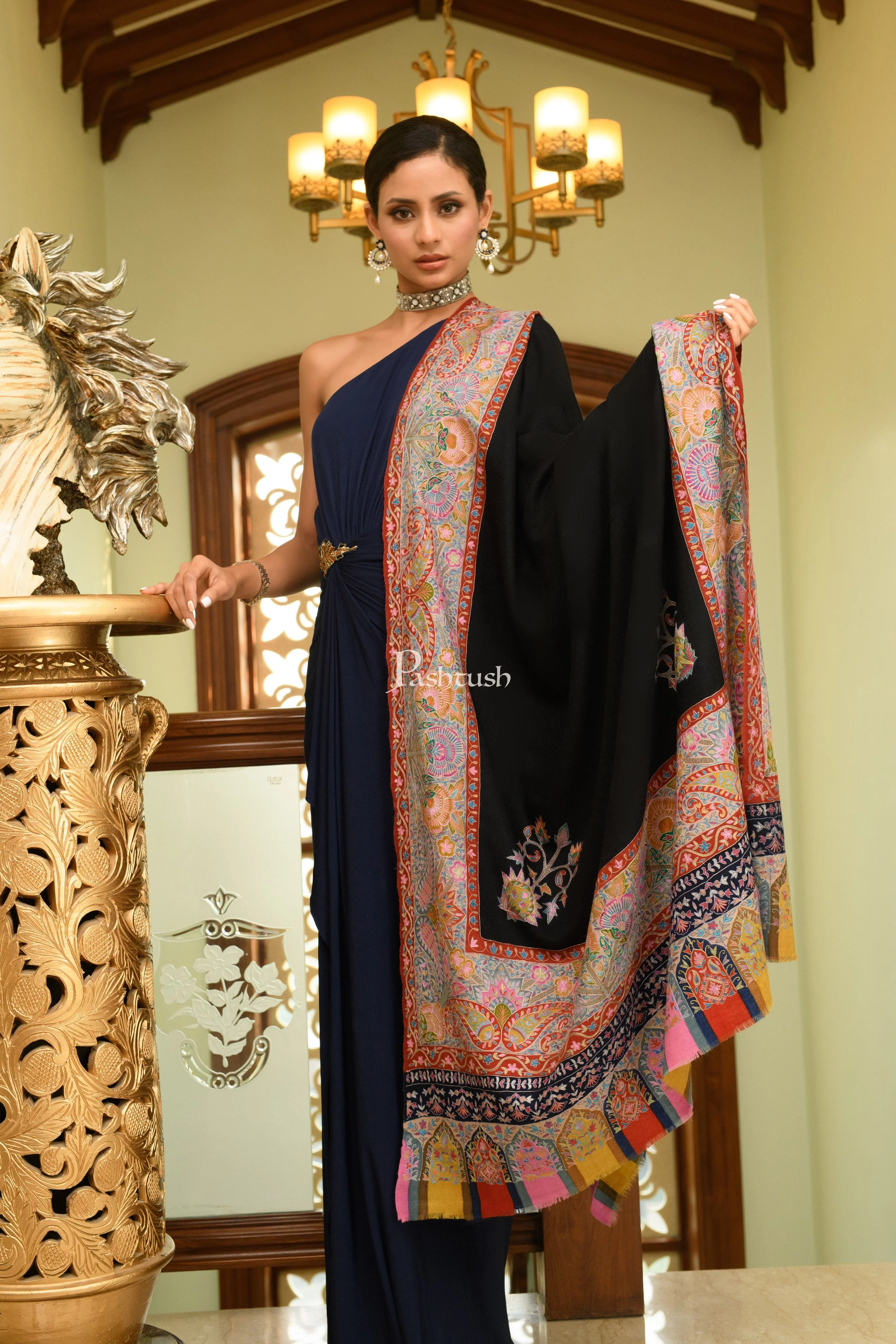 Pashtush Womens Pure Pashmina Shawl, Hand Painted And Embroidered Kalamkari Palla Design, Black - Image 3