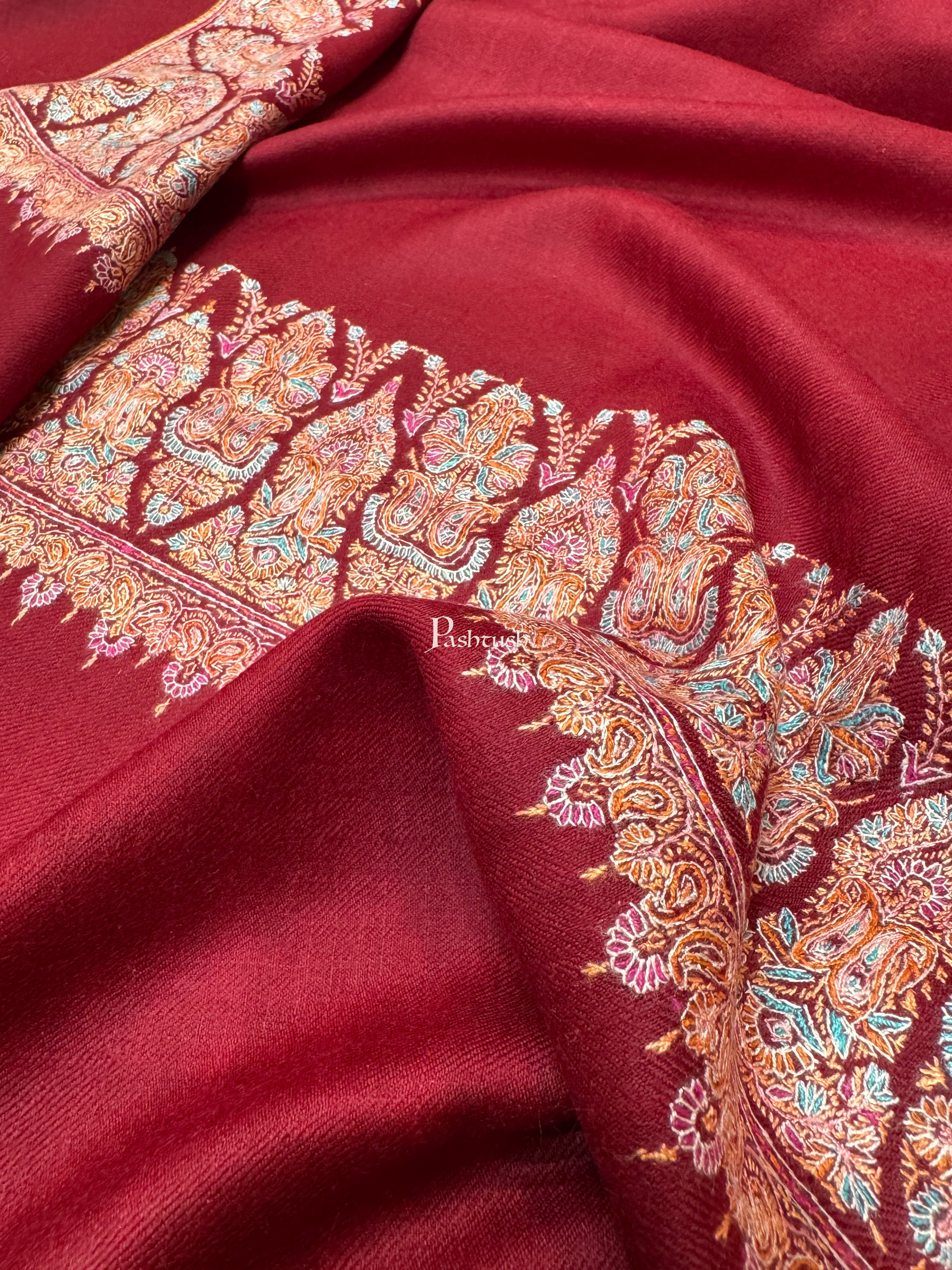 Pashtush Womens Pure Pashmina Shawl, Hand Painted And Embroidered Kalamkari Palla Design, Maroon