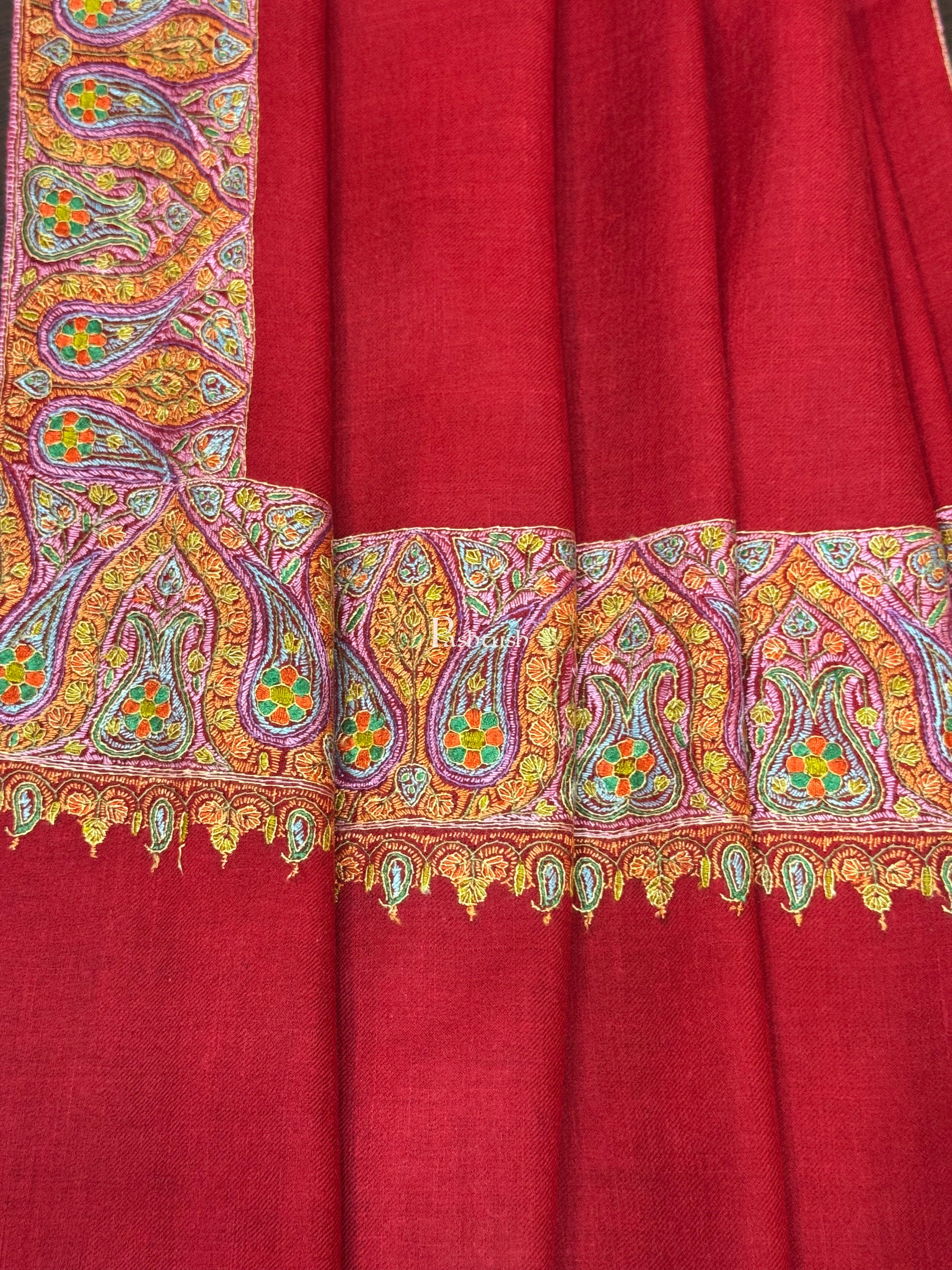 Pashtush Womens Pure Pashmina Shawl, Hand Painted And Embroidered Kalamkari Palla Design, Maroon - Image 2