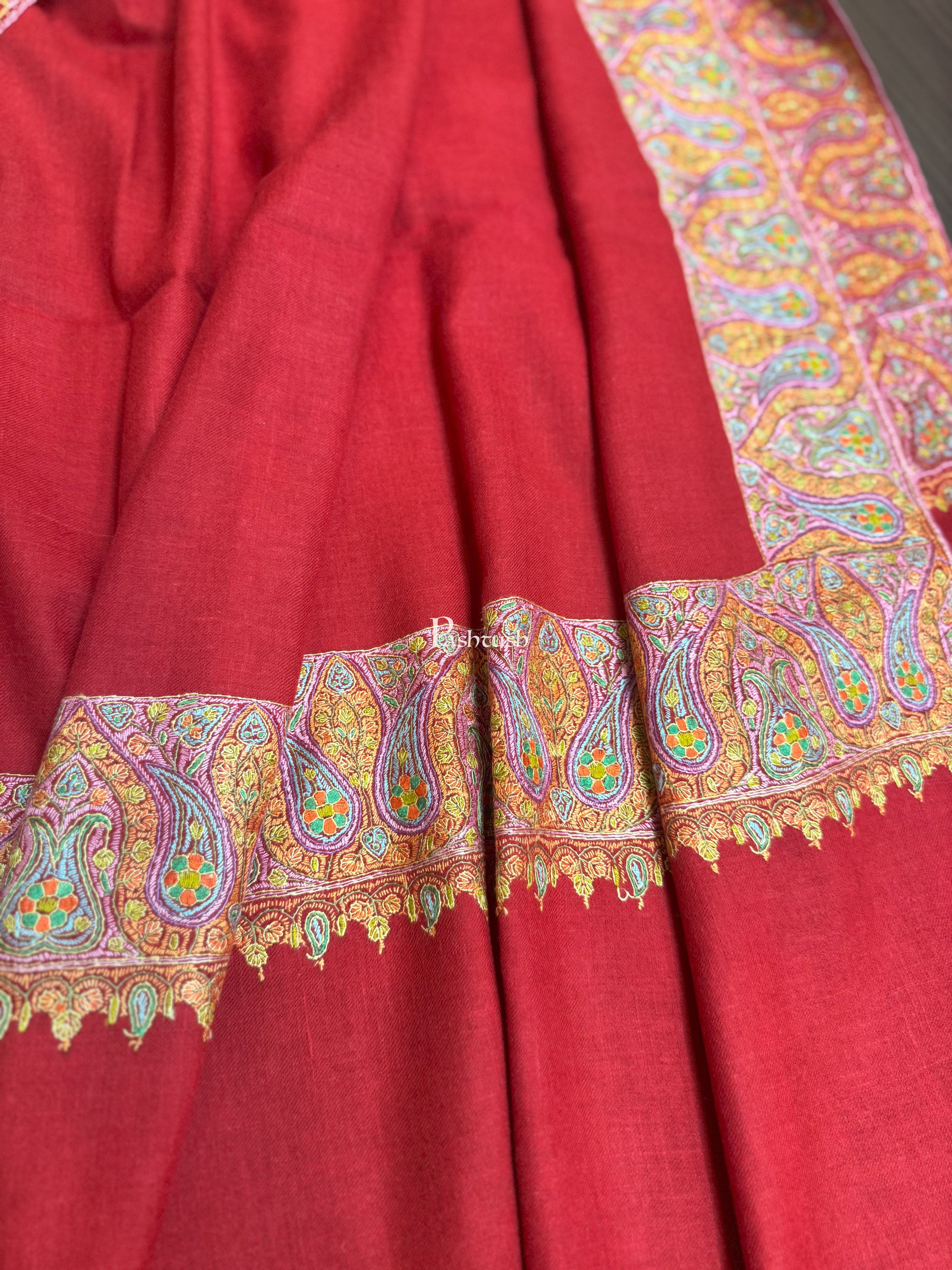 Pashtush Womens Pure Pashmina Shawl, Hand Painted And Embroidered Kalamkari Palla Design, Maroon - Image 4