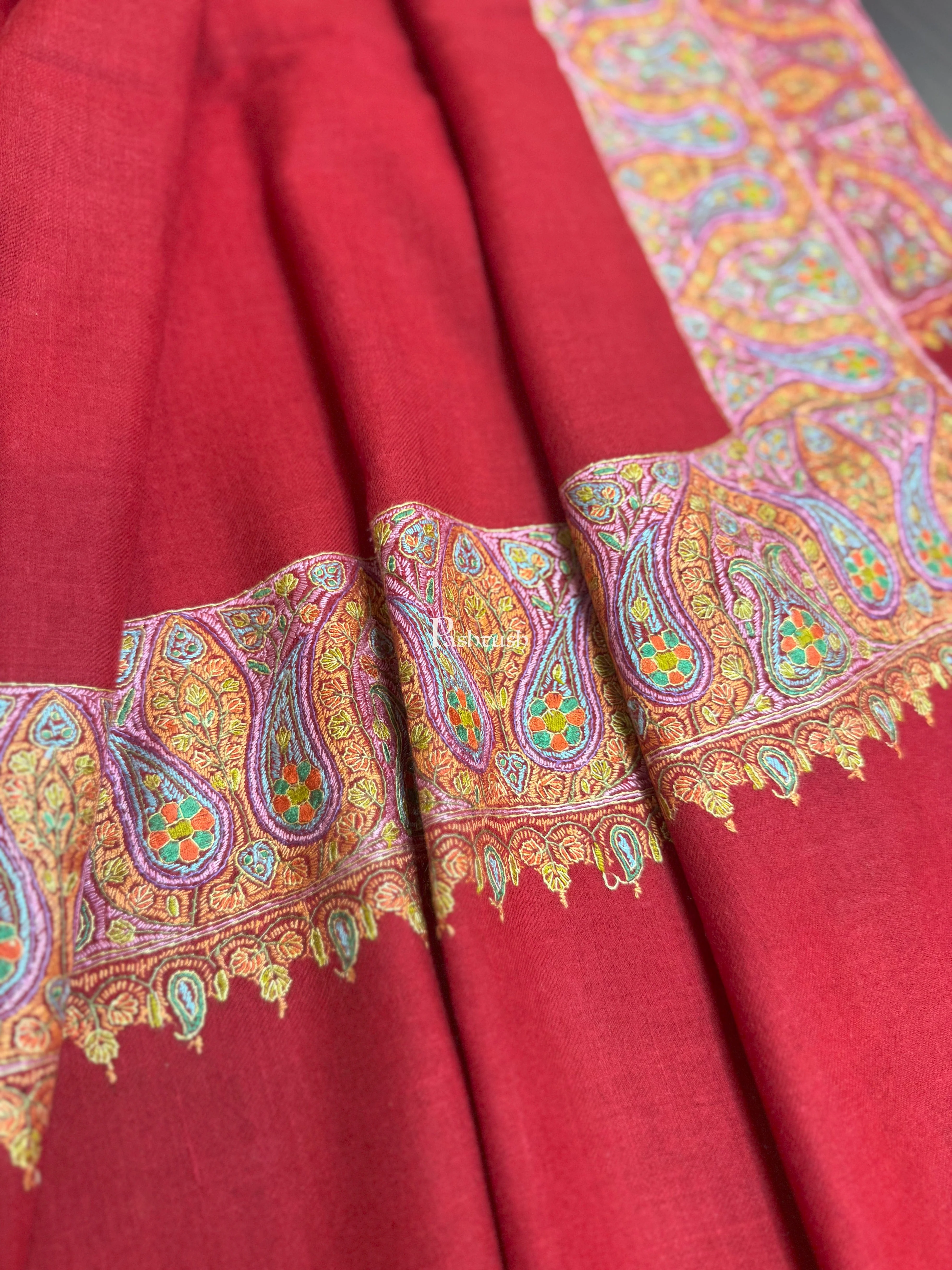 Pashtush Womens Pure Pashmina Shawl, Hand Painted And Embroidered Kalamkari Palla Design, Maroon - Image 5