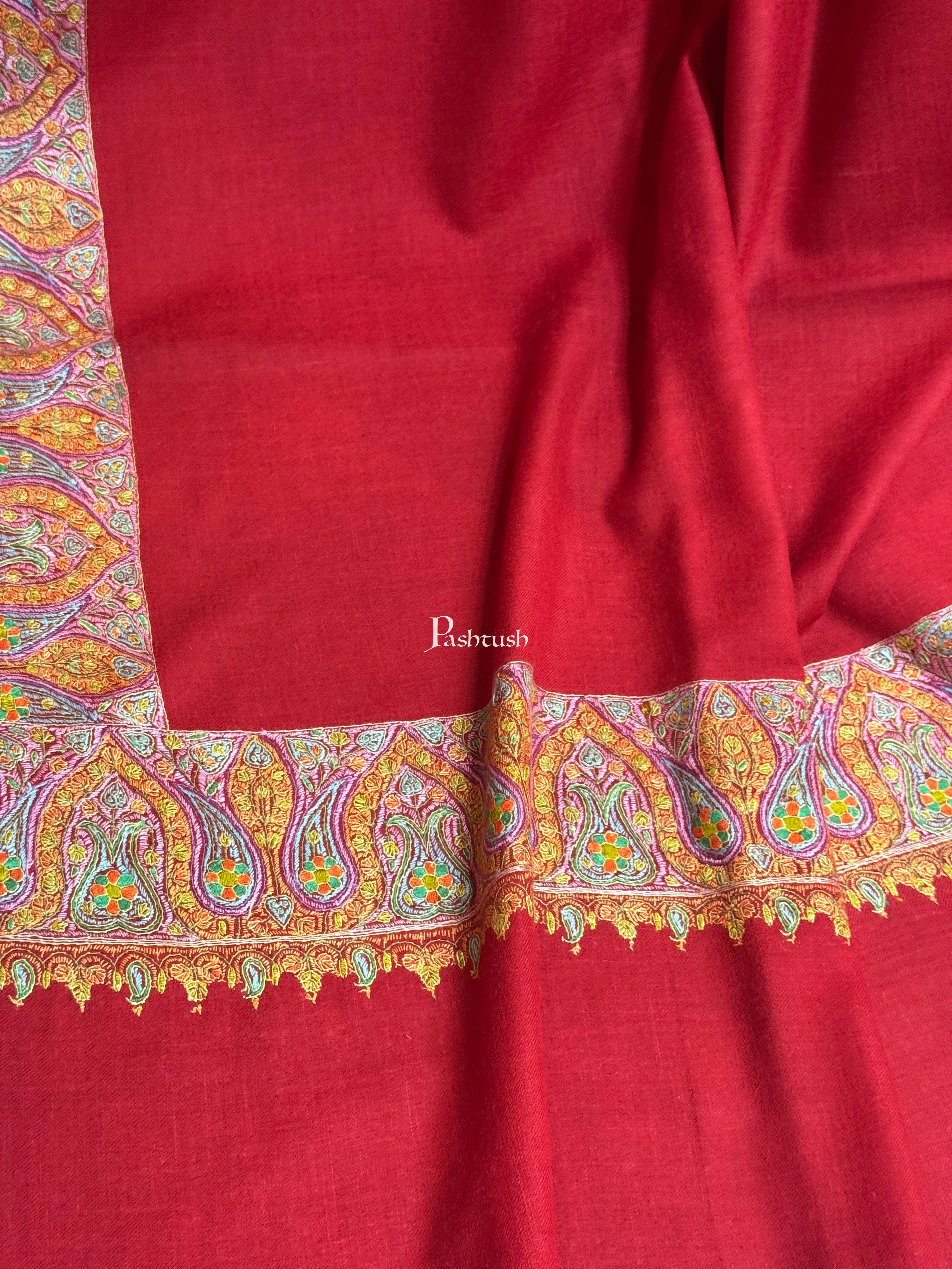 Pashtush Womens Pure Pashmina Shawl, Hand Painted And Embroidered Kalamkari Palla Design, Maroon - Image 6