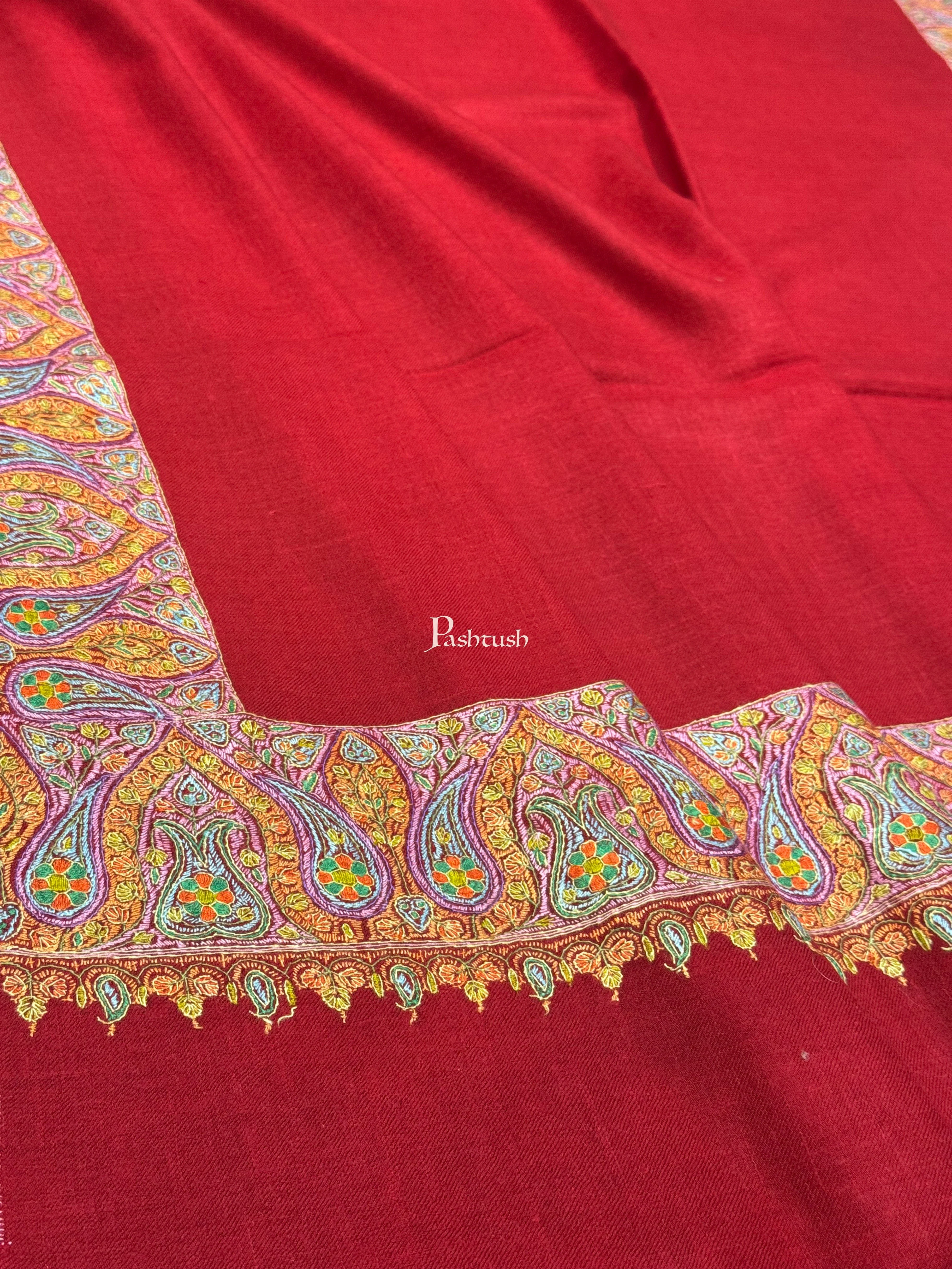 Pashtush Womens Pure Pashmina Shawl, Hand Painted And Embroidered Kalamkari Palla Design, Maroon - Image 8