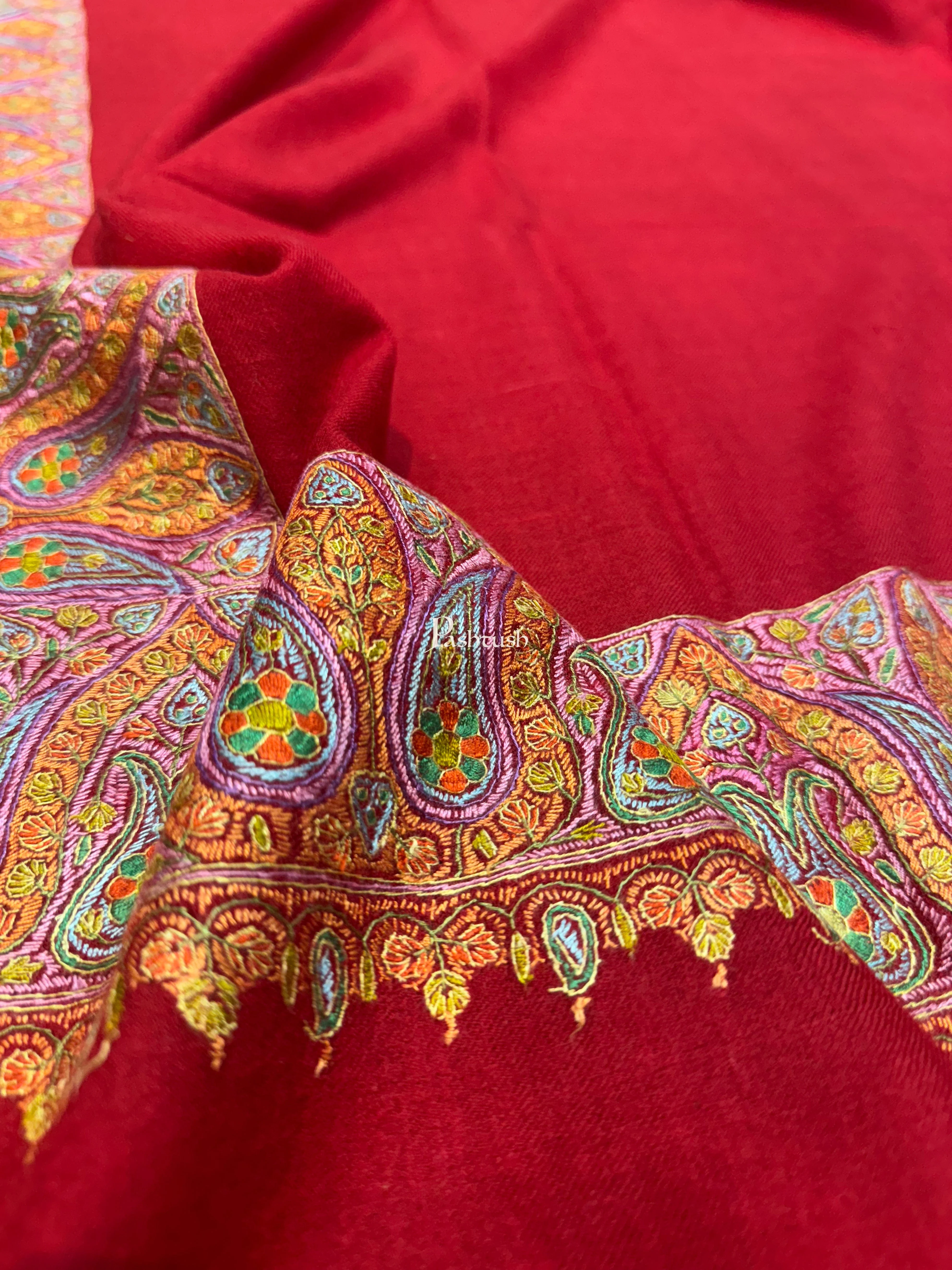 Pashtush Womens Pure Pashmina Shawl, Hand Painted And Embroidered Kalamkari Palla Design, Maroon - Image 9