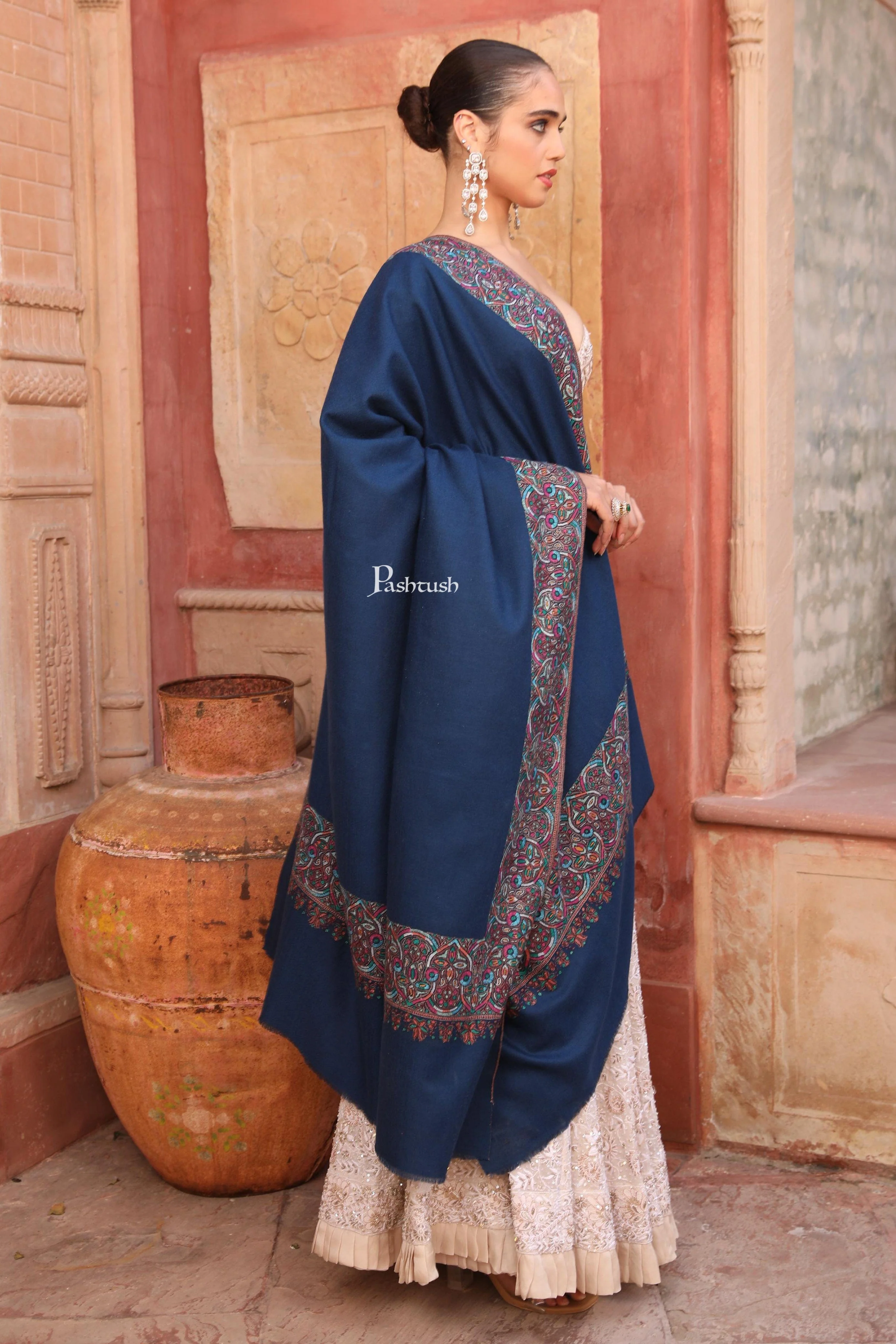 Pashtush Womens Pure Pashmina Shawl, Hand Painted And Embroidered Kalamkari Palla Design, Navy Blue - Image 5