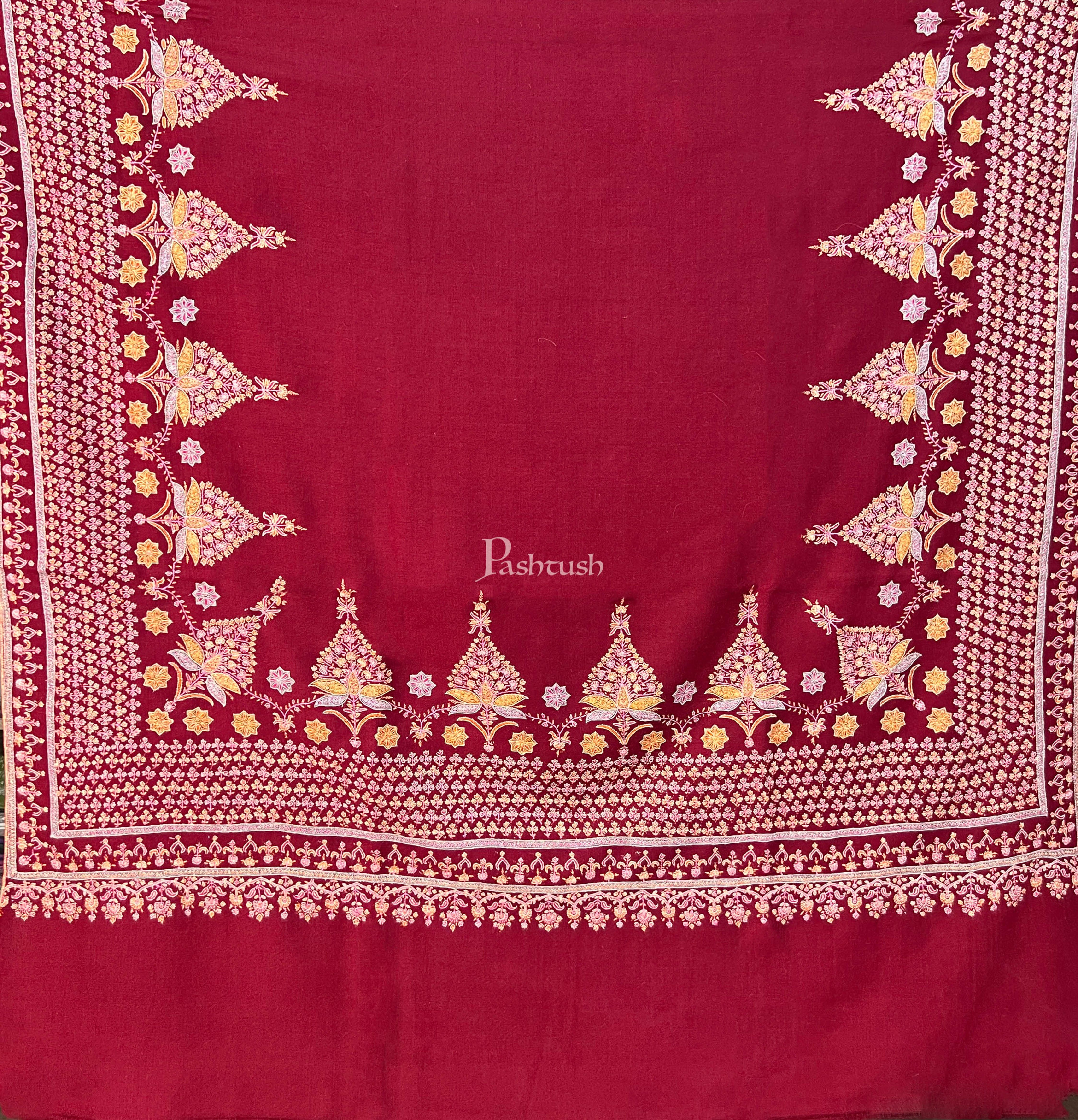 Pashtush Womens Pure Pashmina Shawl, Kashmiri Hand Embroidered, Handloom, Crimson - Image 2