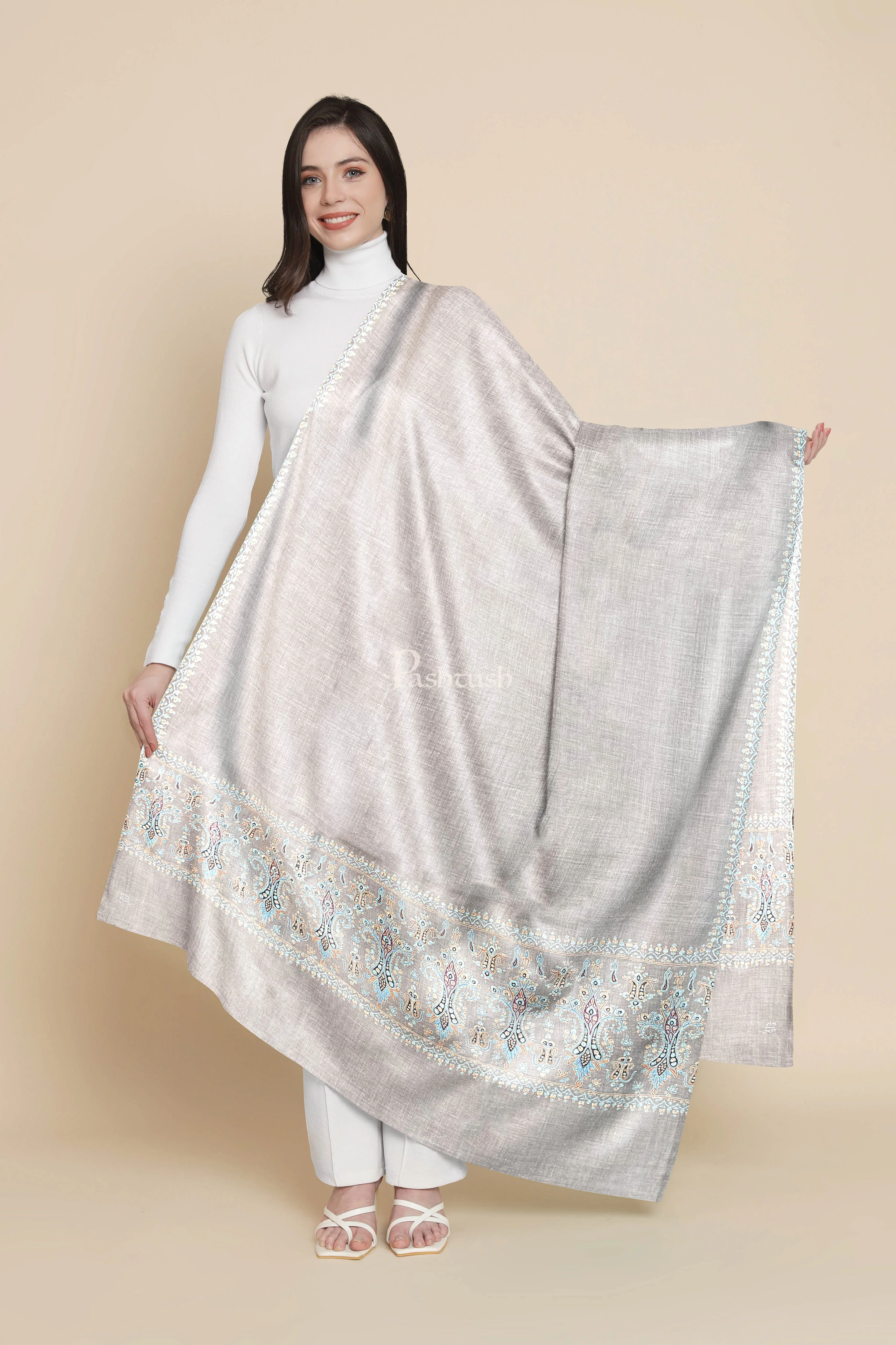 Pashtush Womens Pure Pashmina Shawl, Kashmiri Hand Embroidered, Handloom, Pastel Beige